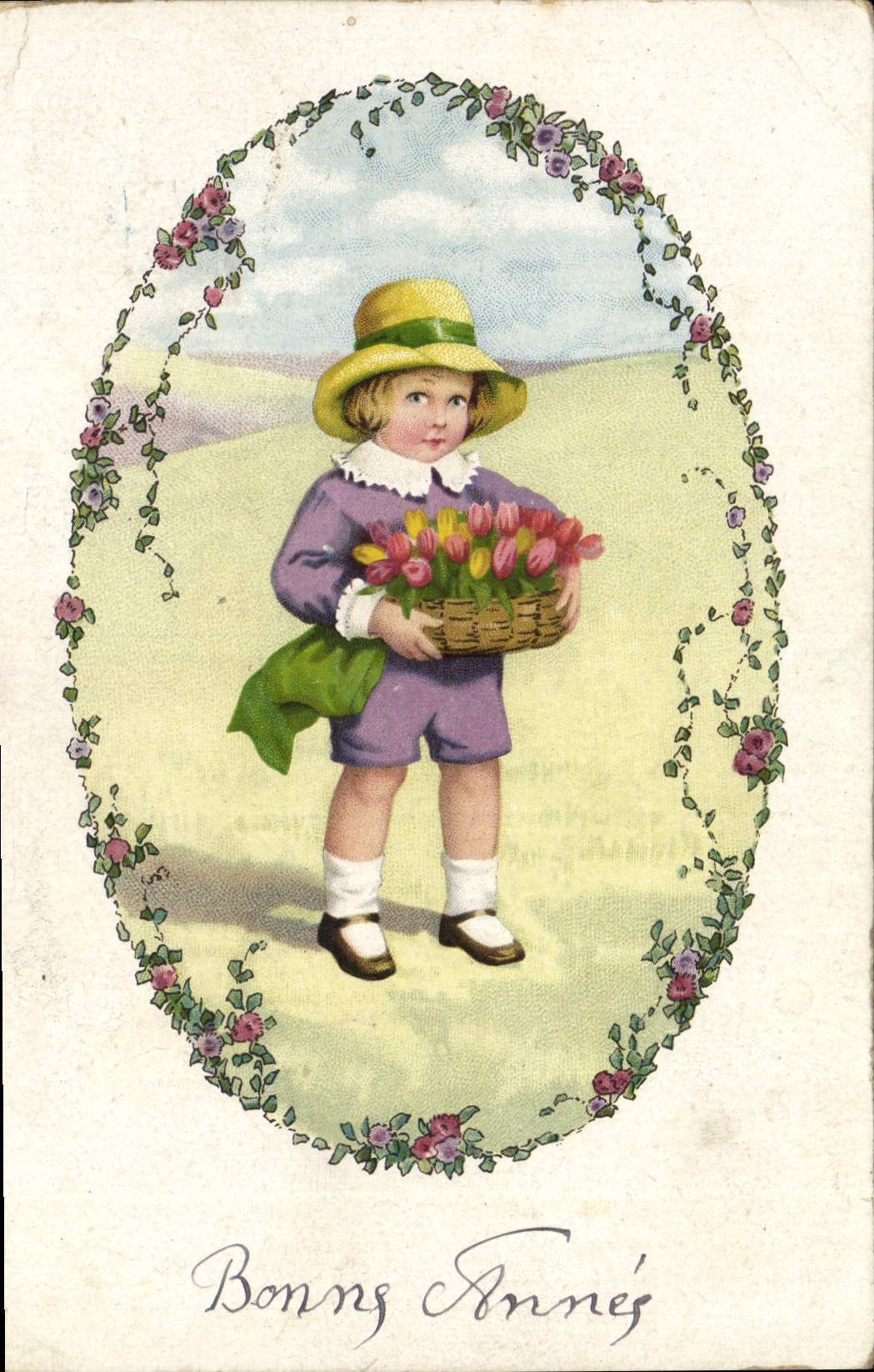 VINTAGE POSTCARD Fantasy Child tulips