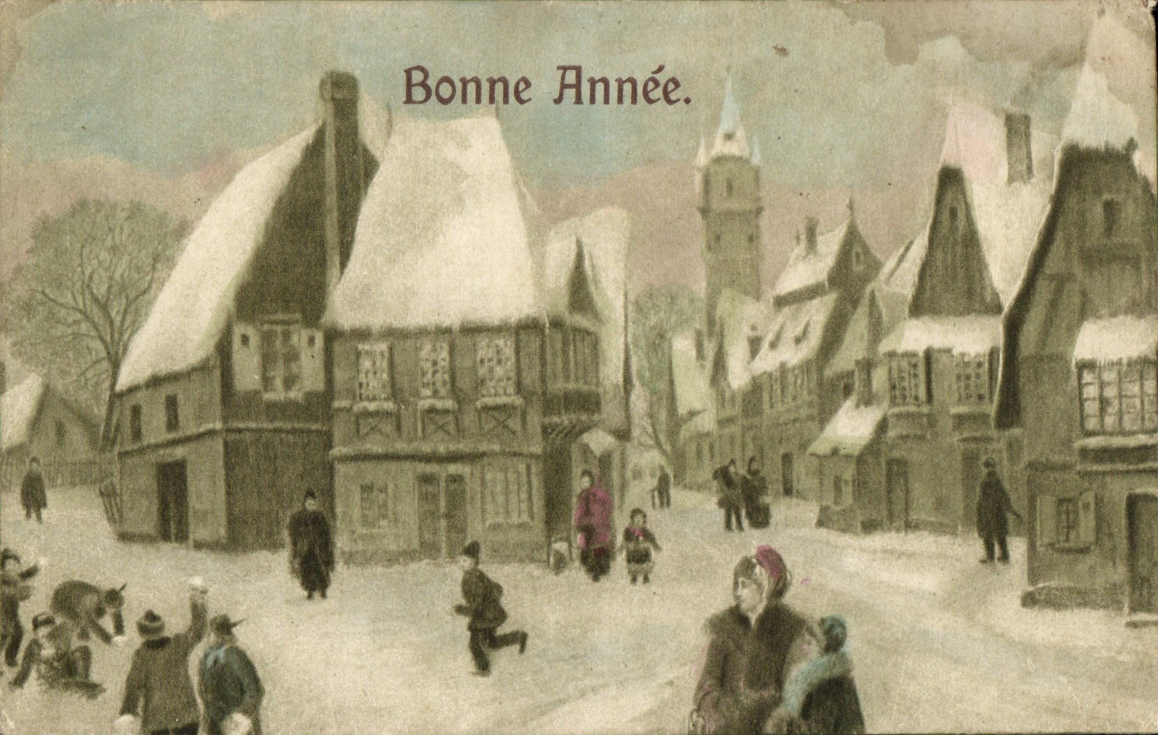 VINTAGE POSTCARD Fantasy Happy New Year Battle of snowballs