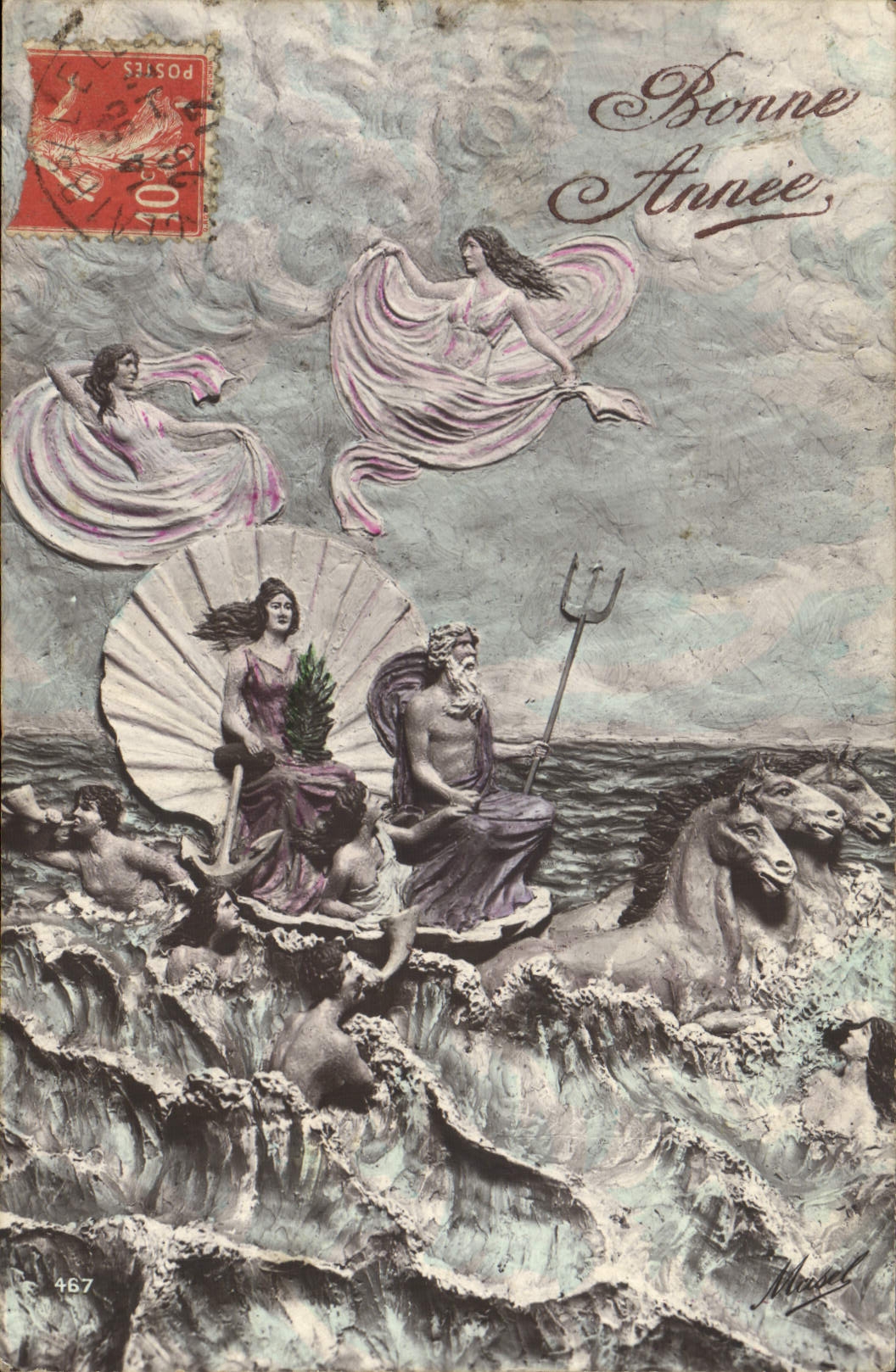 VINTAGE POSTCARD Fantasy Woman Mercury Horses