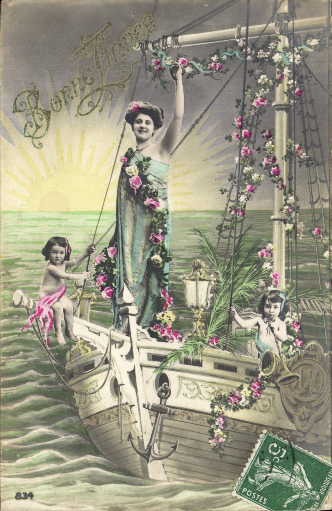 CPA Fantaisie Femme Enfants Bateau