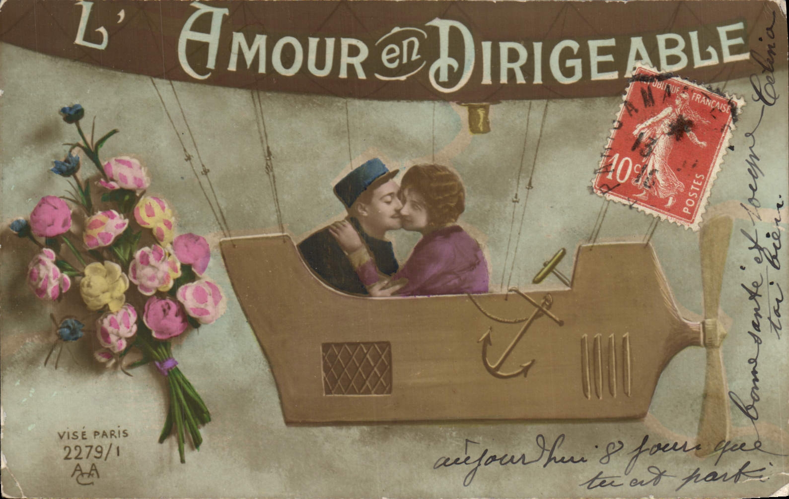 VINTAGE POSTCARD Fantasy Woman love in the airship