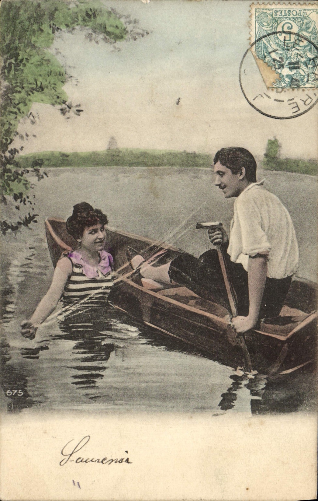 CPA Fantaisie Femme Homme en barque