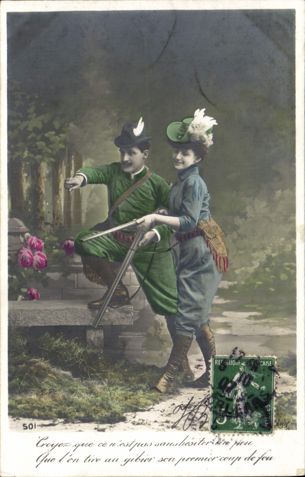 VINTAGE POSTCARD Fantaisie Woman Drives out Hunter