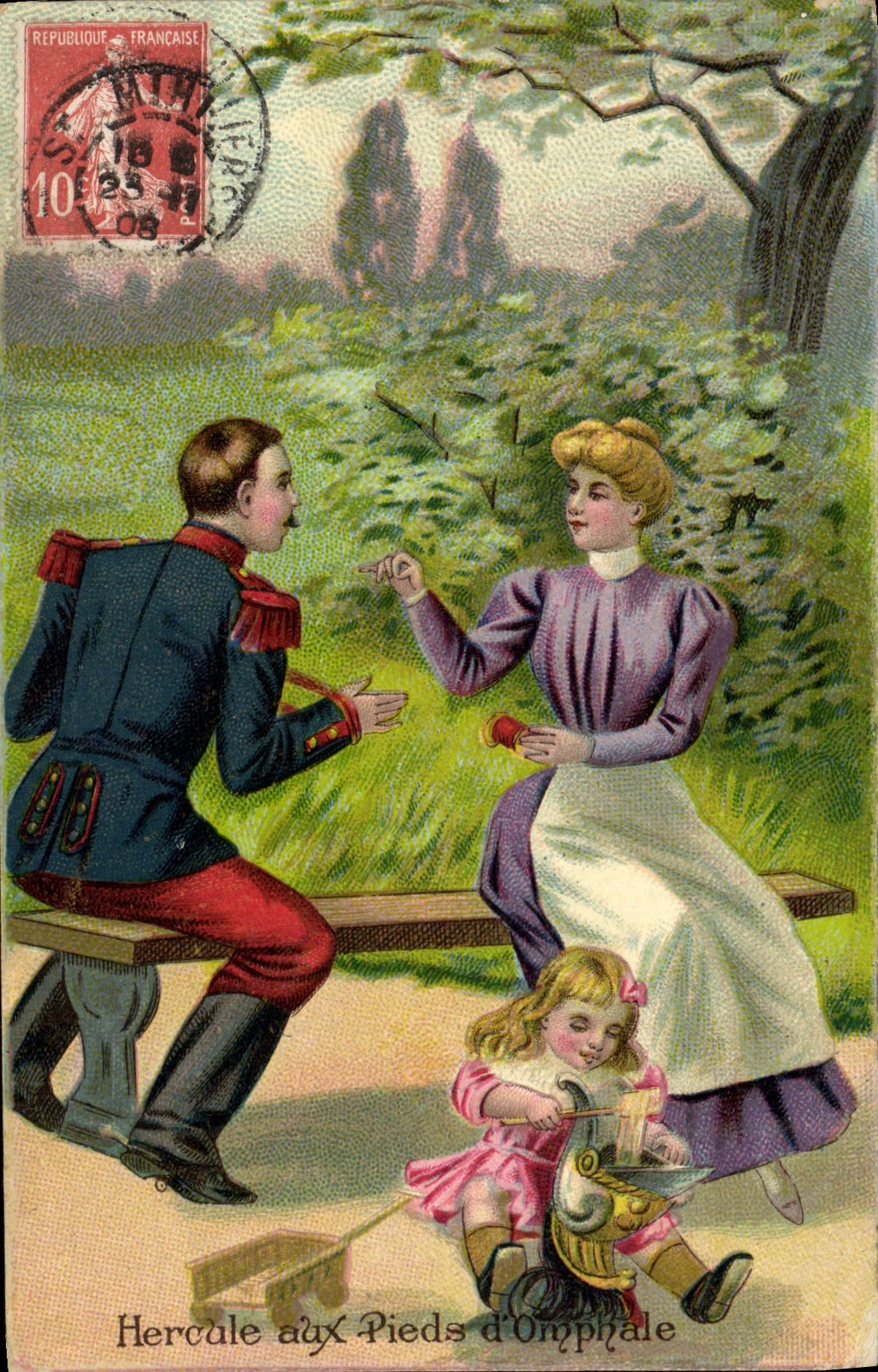 VINTAGE POSTCARD Fantasy Hercules Child wife with the feet of Omphale