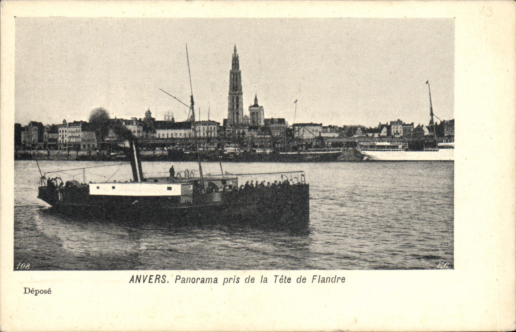Panorama de Amberes de la POSTAL de la VENDIMIA tomado del jefe del barco de Flandes