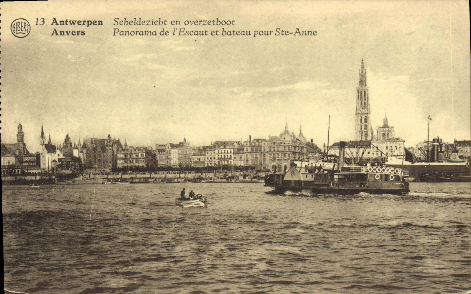 Panorama de Amberes de la POSTAL de la VENDIMIA del Scheldt y del barco para el co. Anne