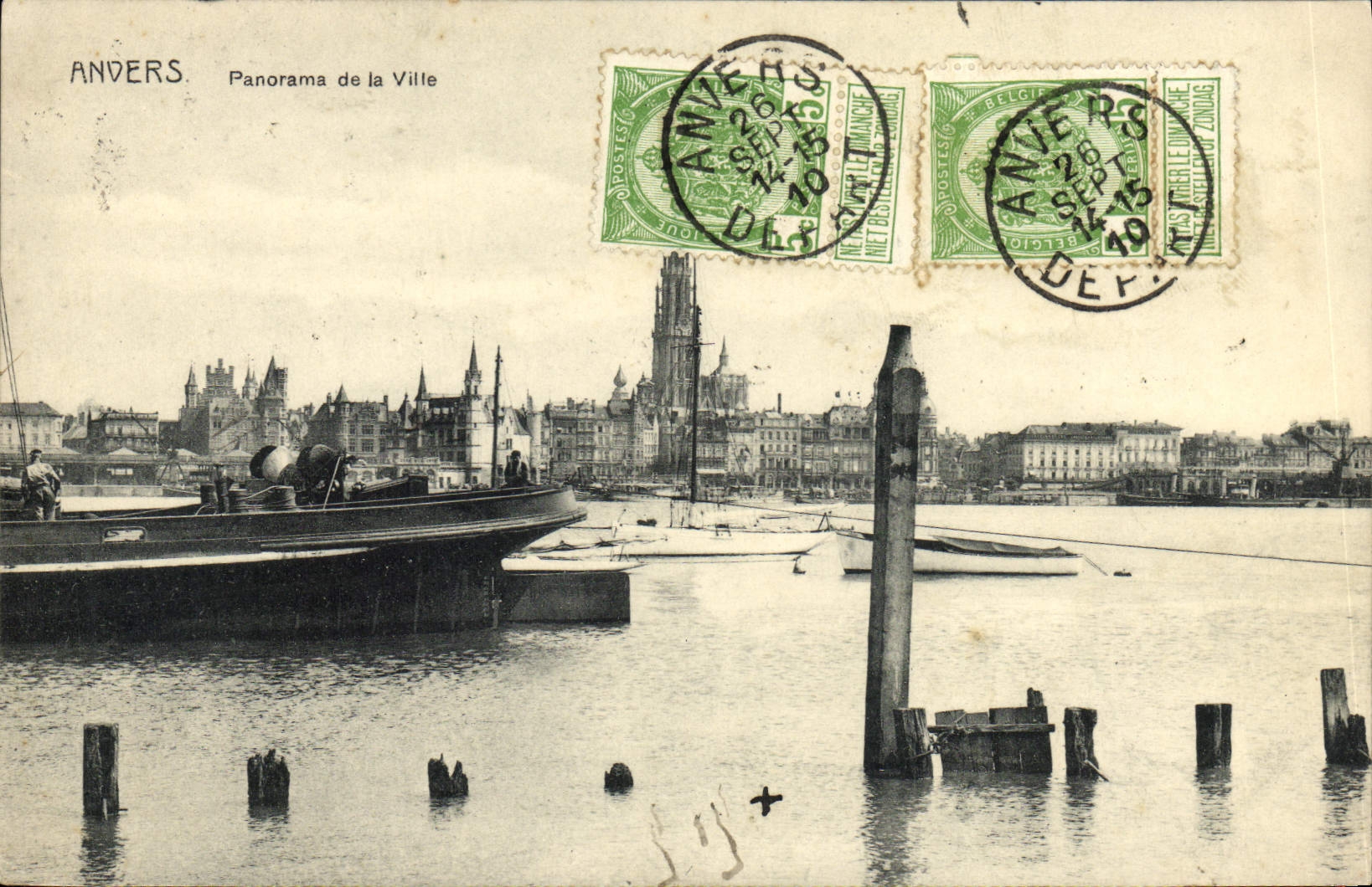 Panorama de Amberes de la POSTAL de la VENDIMIA de la ciudad del barco