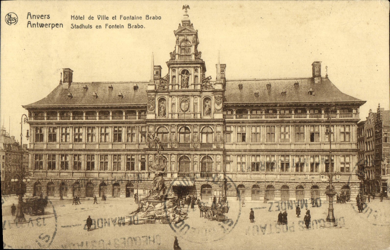 VINTAGE POSTCARD Antwerp Town hall and Brabo Fountain