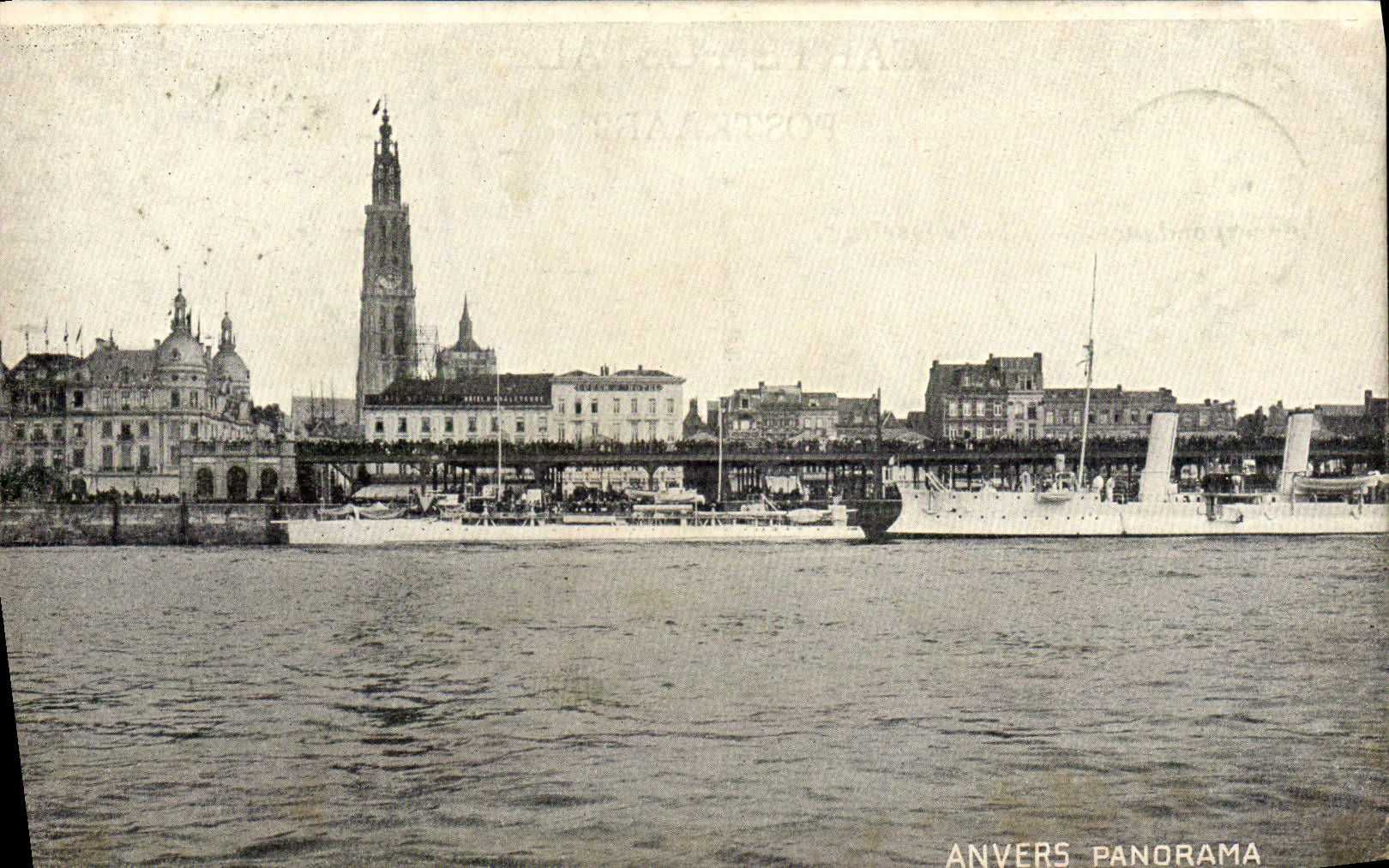 Barco del panorama de Amberes de la POSTAL de la VENDIMIA