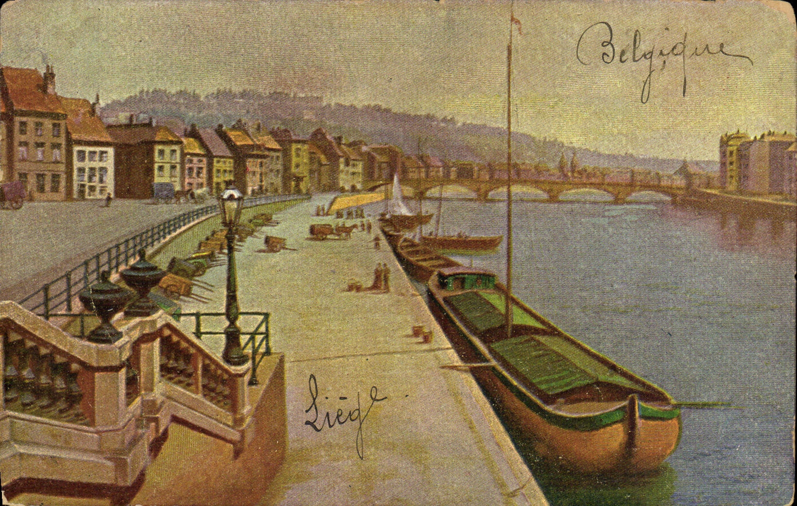 VINTAGE POSTCARD Liege Boat Barge