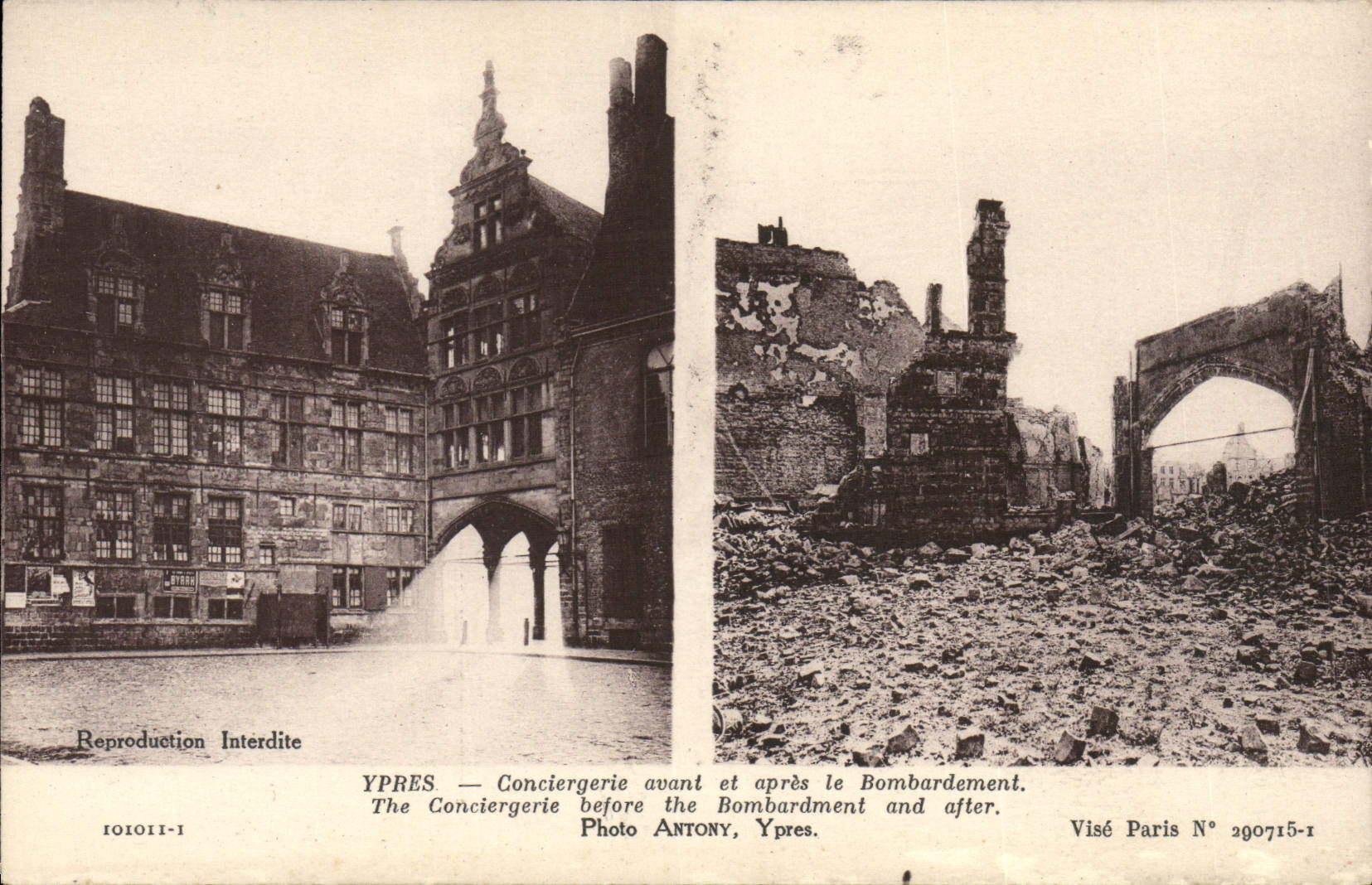 VINTAGE POSTCARD Ypres Caretaker's lodge before and after the Militaria bombardment