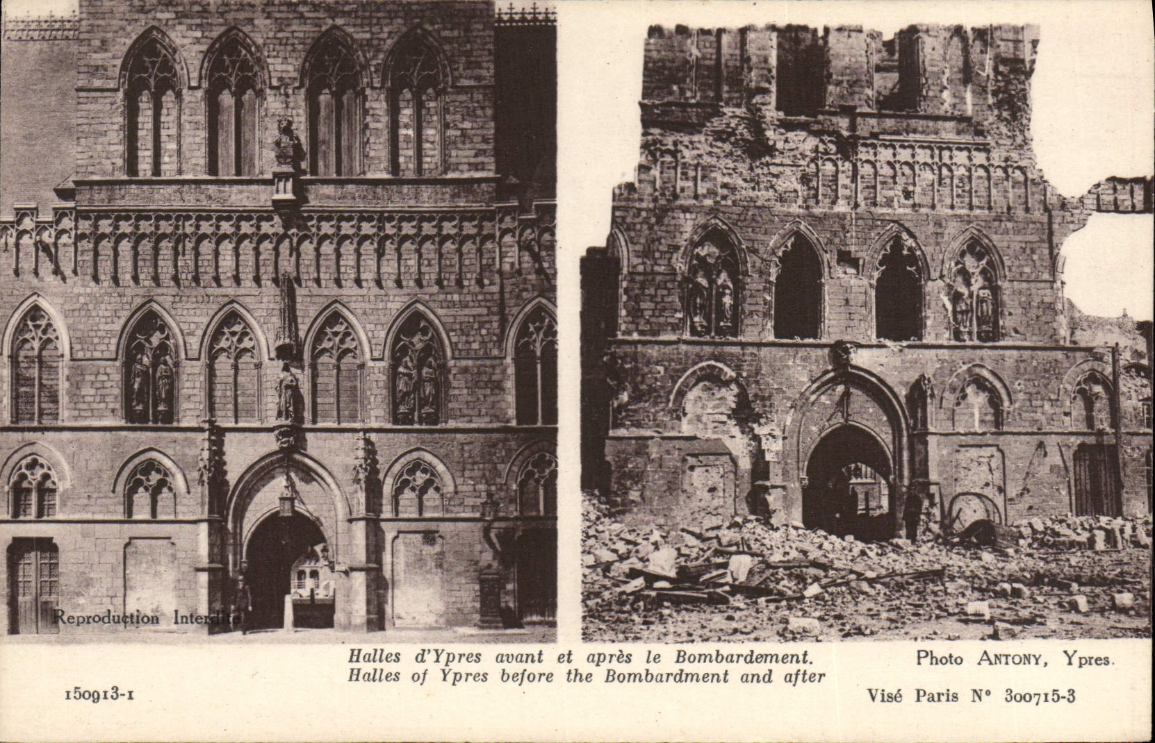 Mercados de Ypres de la POSTAL de la VENDIMIA de Ypres antes y después del bombardeo de Militaria