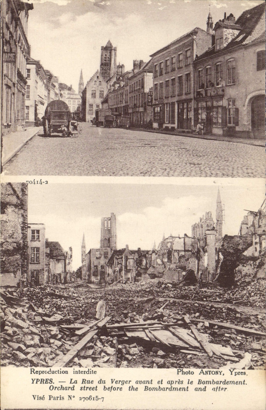 POSTAL Ypres de la VENDIMIA la calle de la huerta antes y después del bombardeo de Militaria