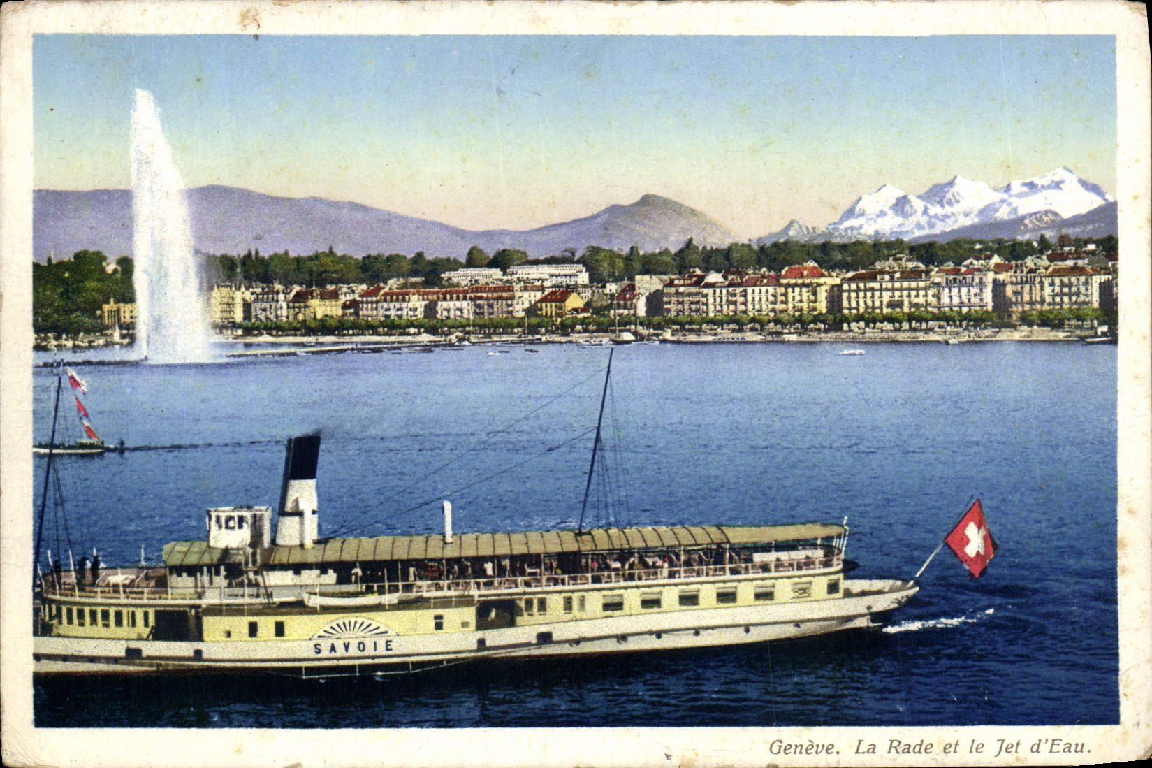 CPA Geneve La Rade Et Le Jet d'Eau Bateau Savoie 