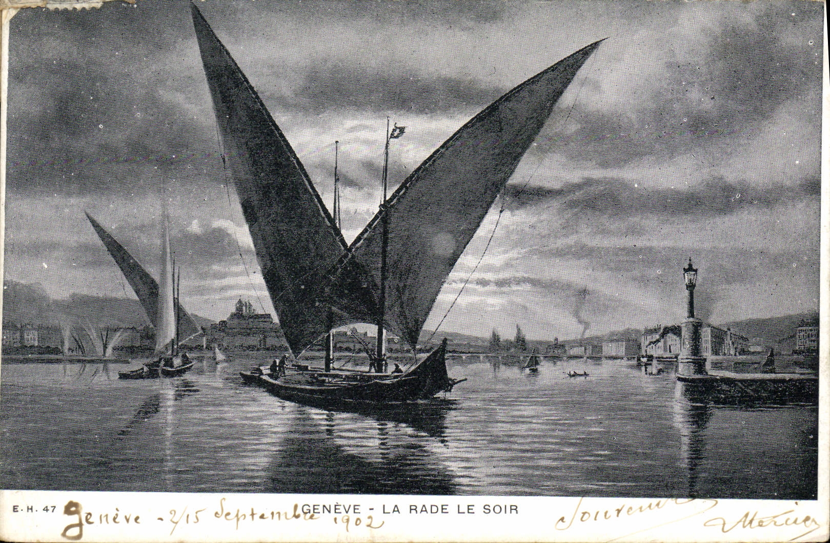 CPA Geneve La Rade Le Soir Bateau 