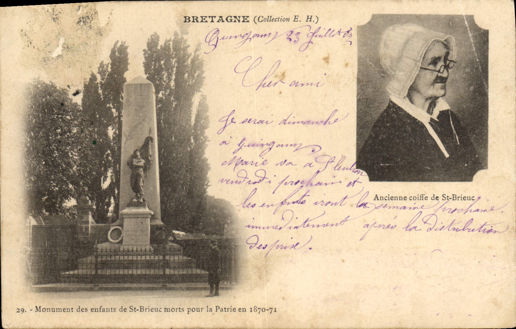 Monumento santo de Brieuc de la POSTAL de la VENDIMIA de los niños muertos para el folklore de Francia