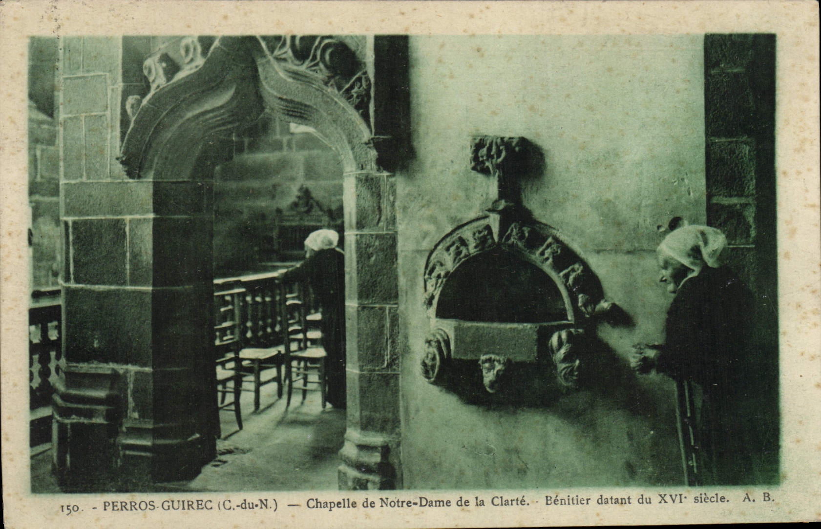 VINTAGE POSTCARD Perros Guirec Vault of Notre Dame of Clearness Stoup Folklore
