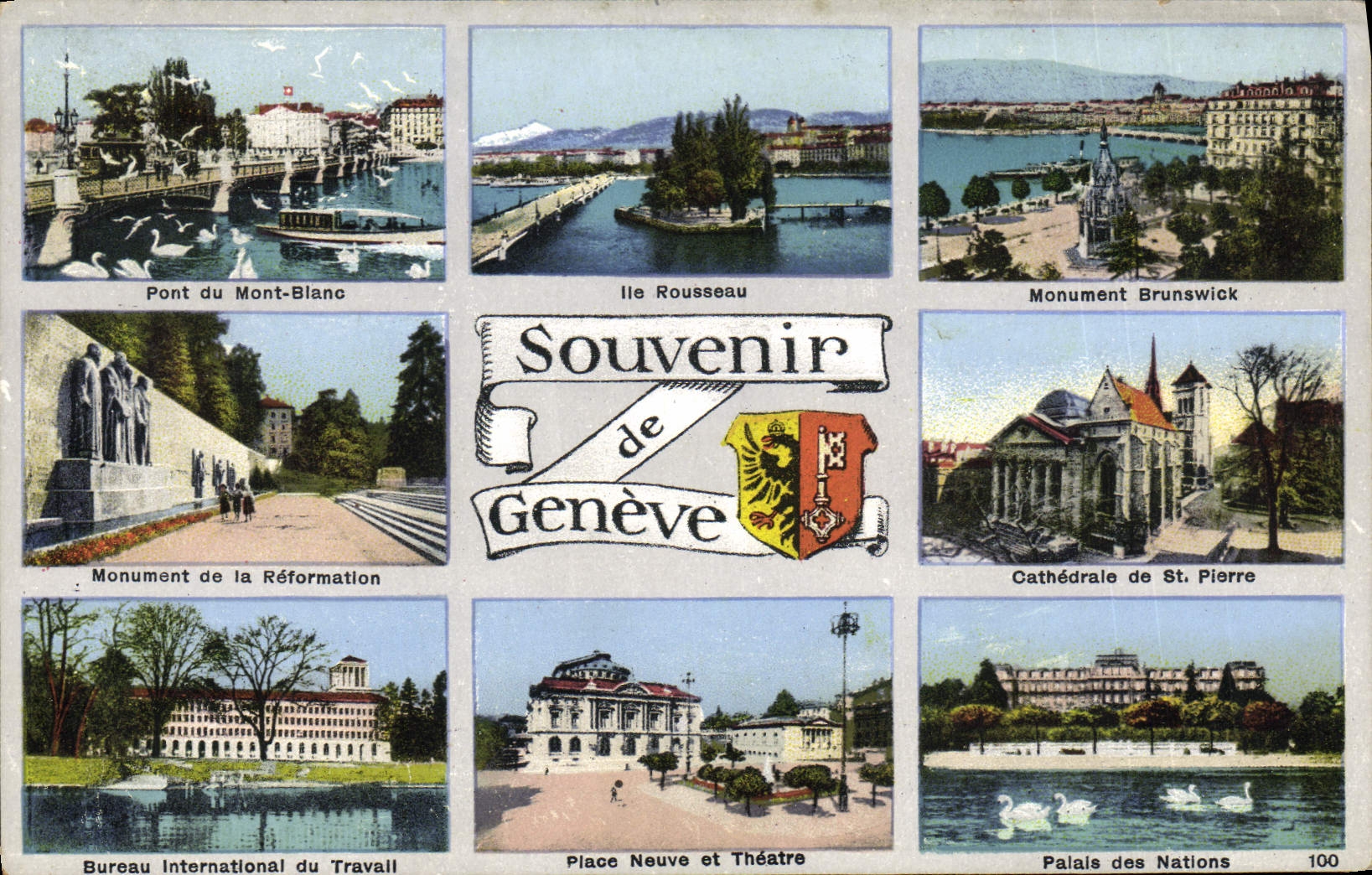 CPM Souvenir de Geneve Mont Blanc Ile Rousseau BIT Brunswick