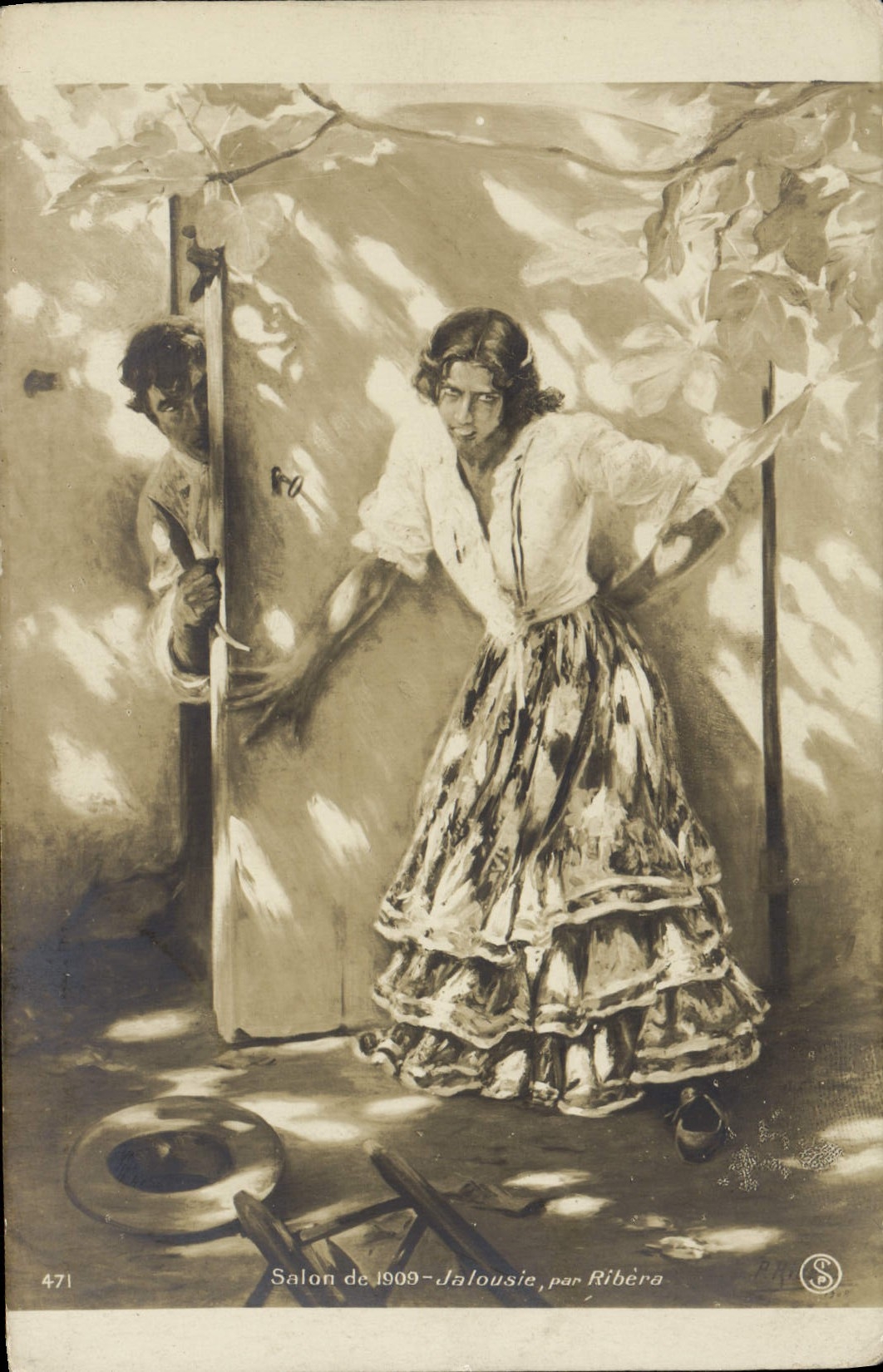 VINTAGE POSTCARD living room 1909 Ribera Jealousy