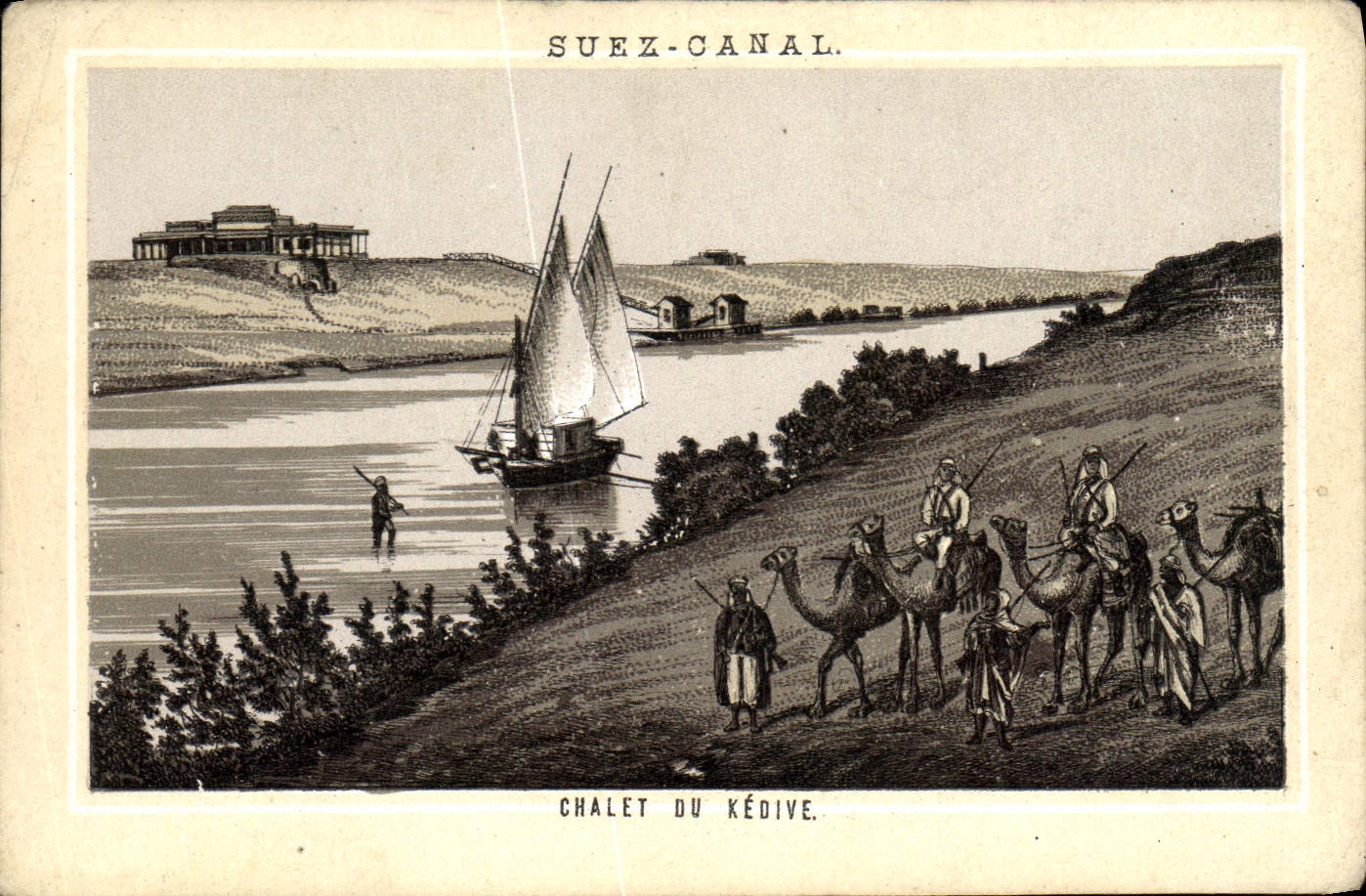 VINTAGE POSTCARD Suez Canal Country cottage Of Kedive Camels