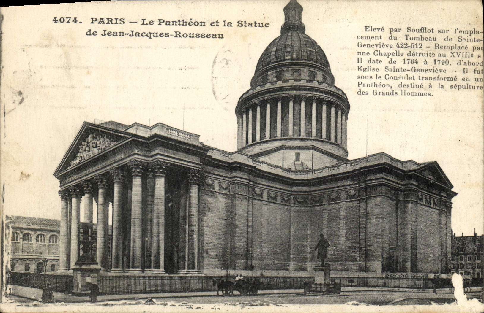 POSTAL París Patheon de la VENDIMIA y estatua de Jean-jacques Rousseau