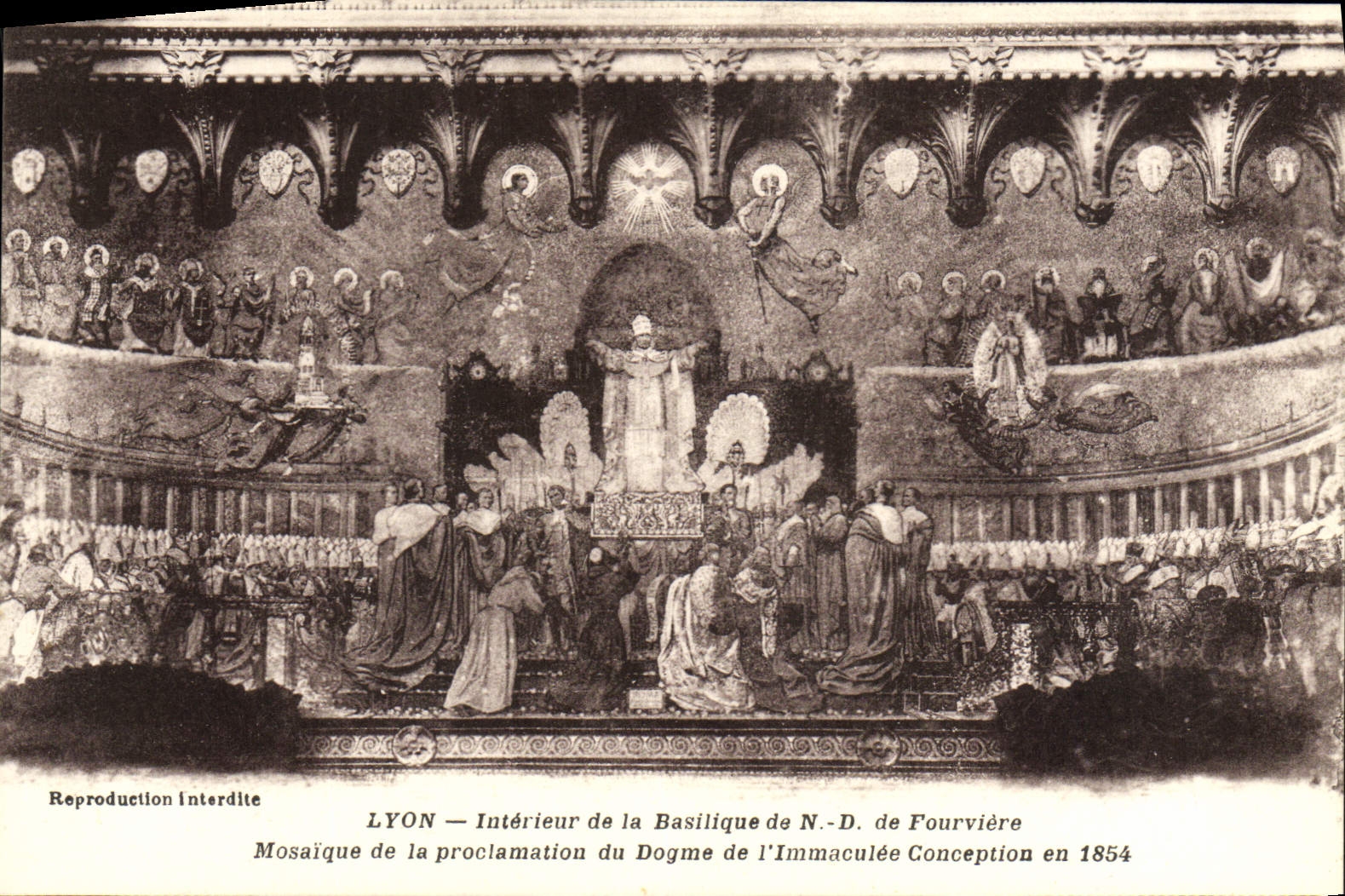 VINTAGE POSTCARD Interior Lyon Of the Basilica Of NR D De Fourviere Mosaic of the proclamation of the dogma of the Immaculate Conception in