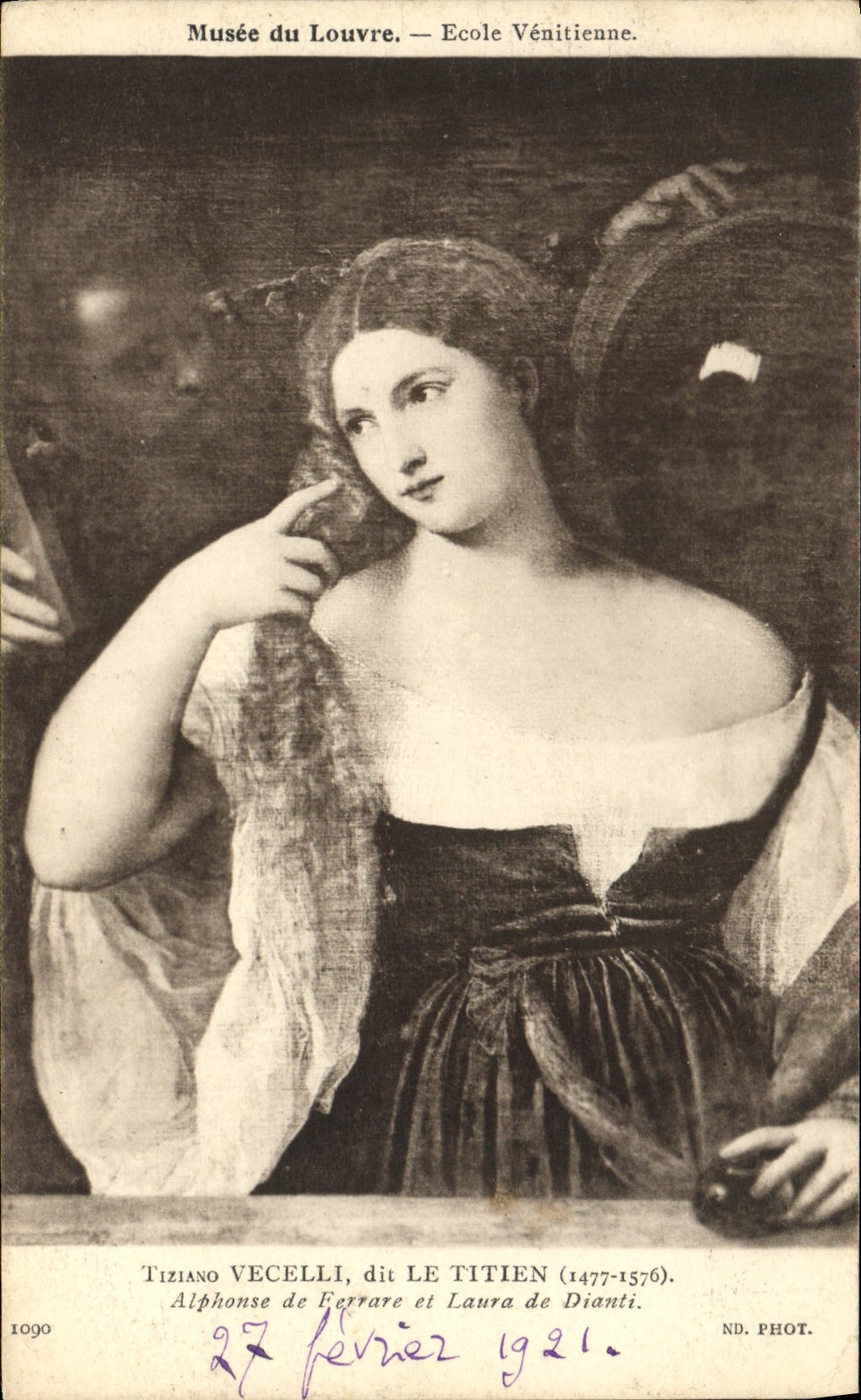 VINTAGE POSTCARD Musee Of Louvre Ecole Venetian Tiziano Vecelli says Titien Alphonse de Ferrare and Laura de Dianti