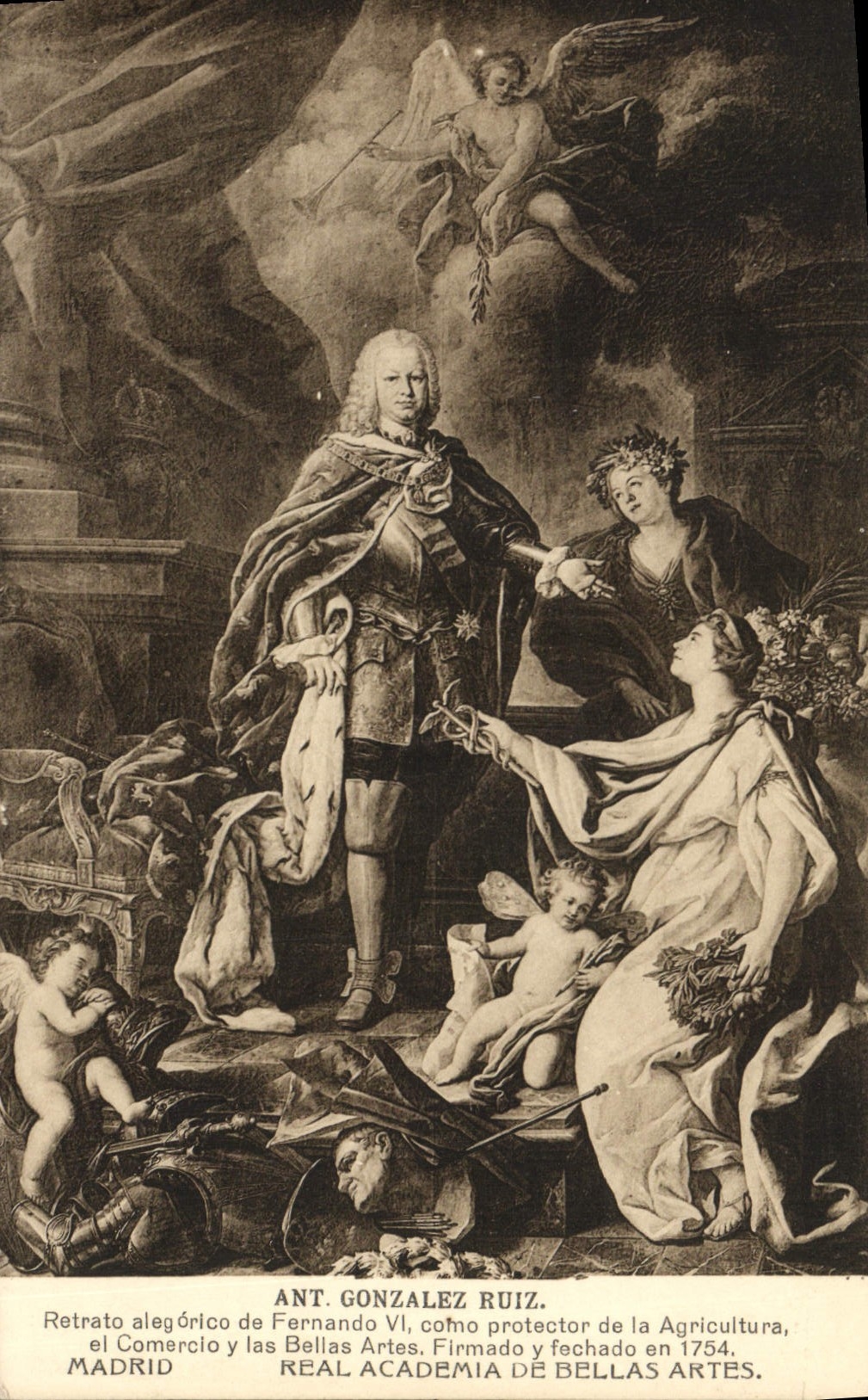 VINTAGE POSTCARD Madrid Real Academia De Bellas Artes Retraot alegerico of Fernando VI