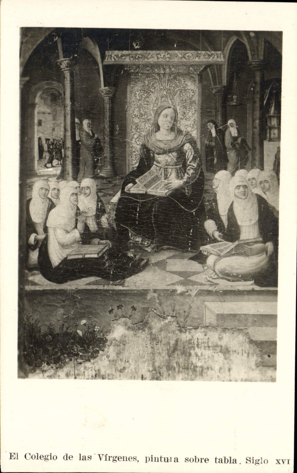 VINTAGE POSTCARD El Colegio De Las Virgenes Pintura Sobre Counted Siglo XVI