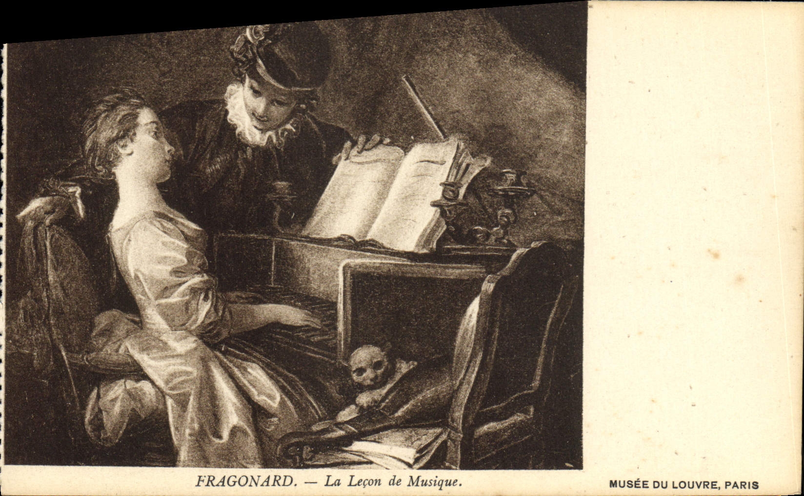 VINTAGE POSTCARD Fragonard the Lesson Of Music Museum Of Louvre Paris Piano Harpsichord