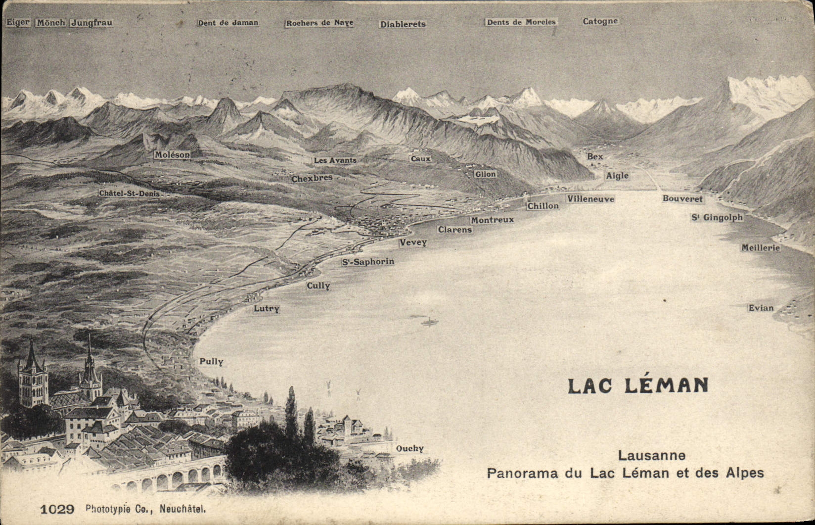 VINTAGE POSTCARD Lake Leman Lausanne Panorama Of the Lake Leman And the Alps