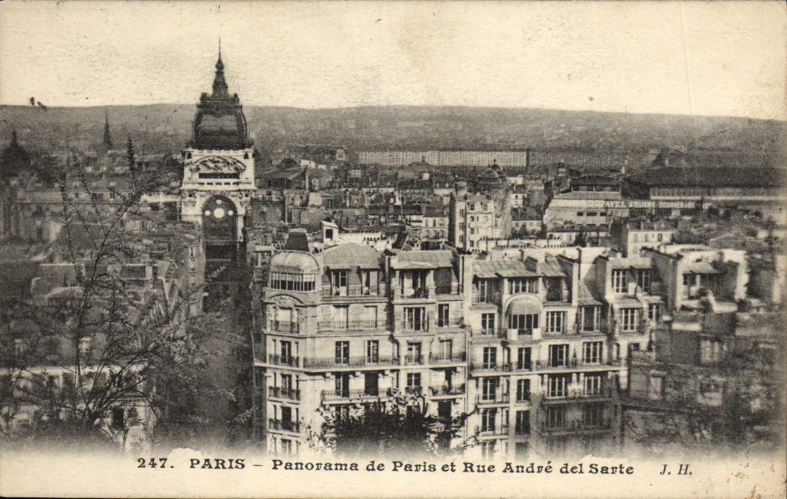 Panorama de París de la POSTAL de la VENDIMIA de París y de Rue Andre del Sarte
