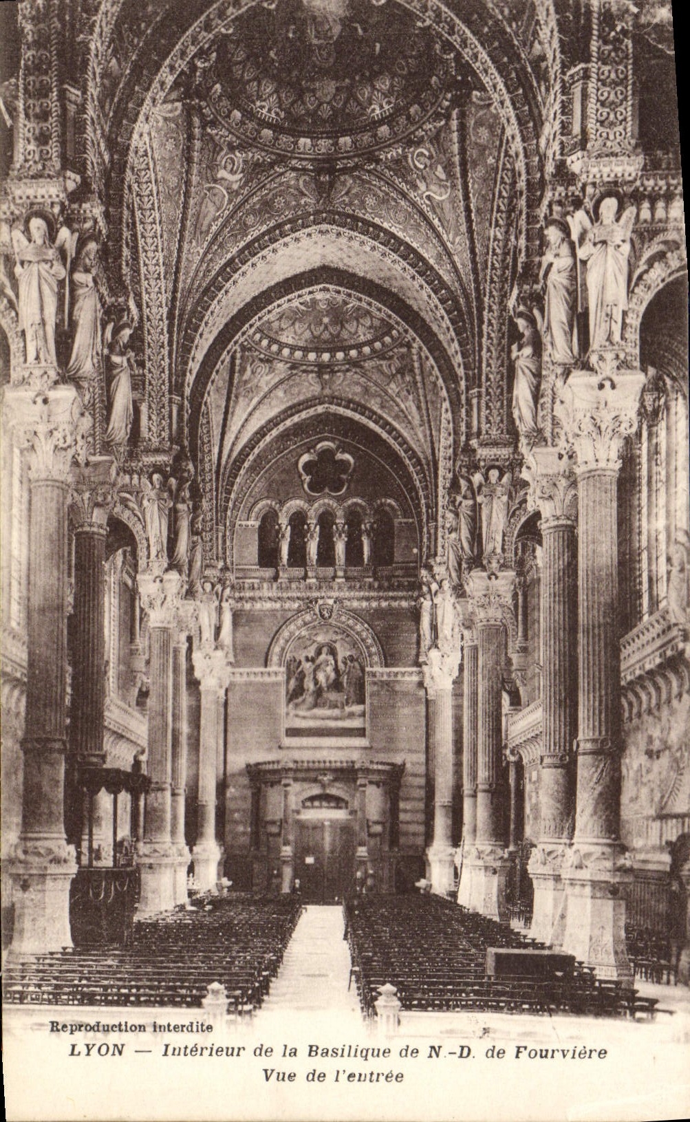 VINTAGE POSTCARD Interior Lyon of the Nd Basilica of Fourviere Seen of the entry