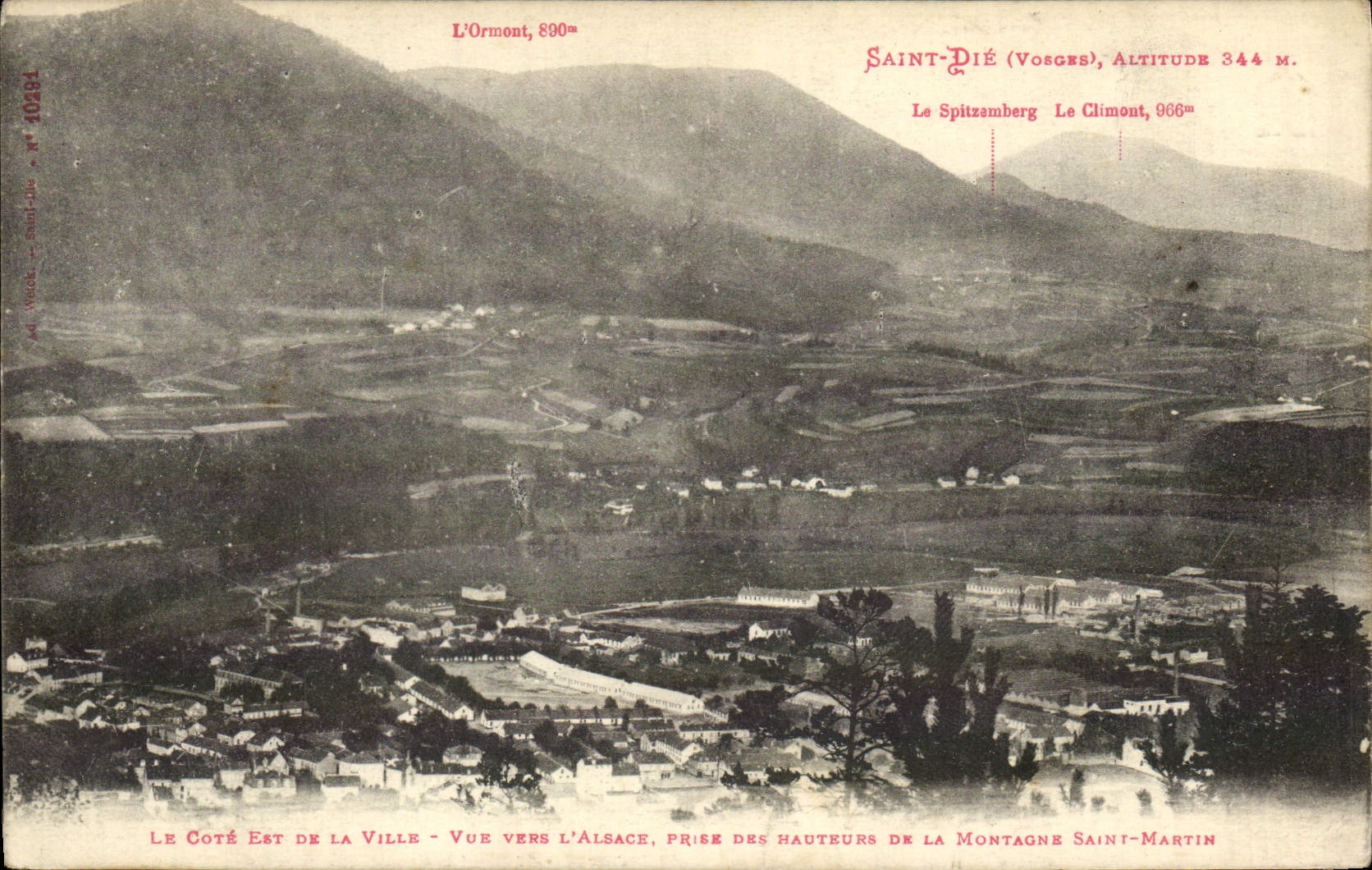 VINTAGE POSTCARD St Die Is Vue city towards Alsace taken heights of the mountain Saint Martin