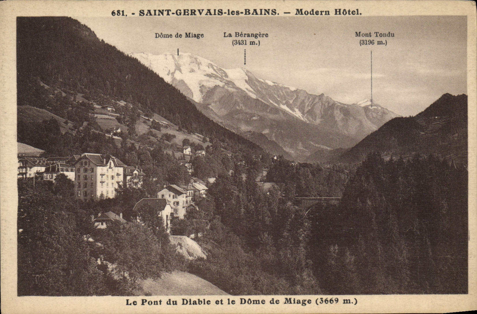 VINTAGE POSTCARD Holy Gervais les Bains Modern Hotel the bridge of the devil and the Dome of Miage