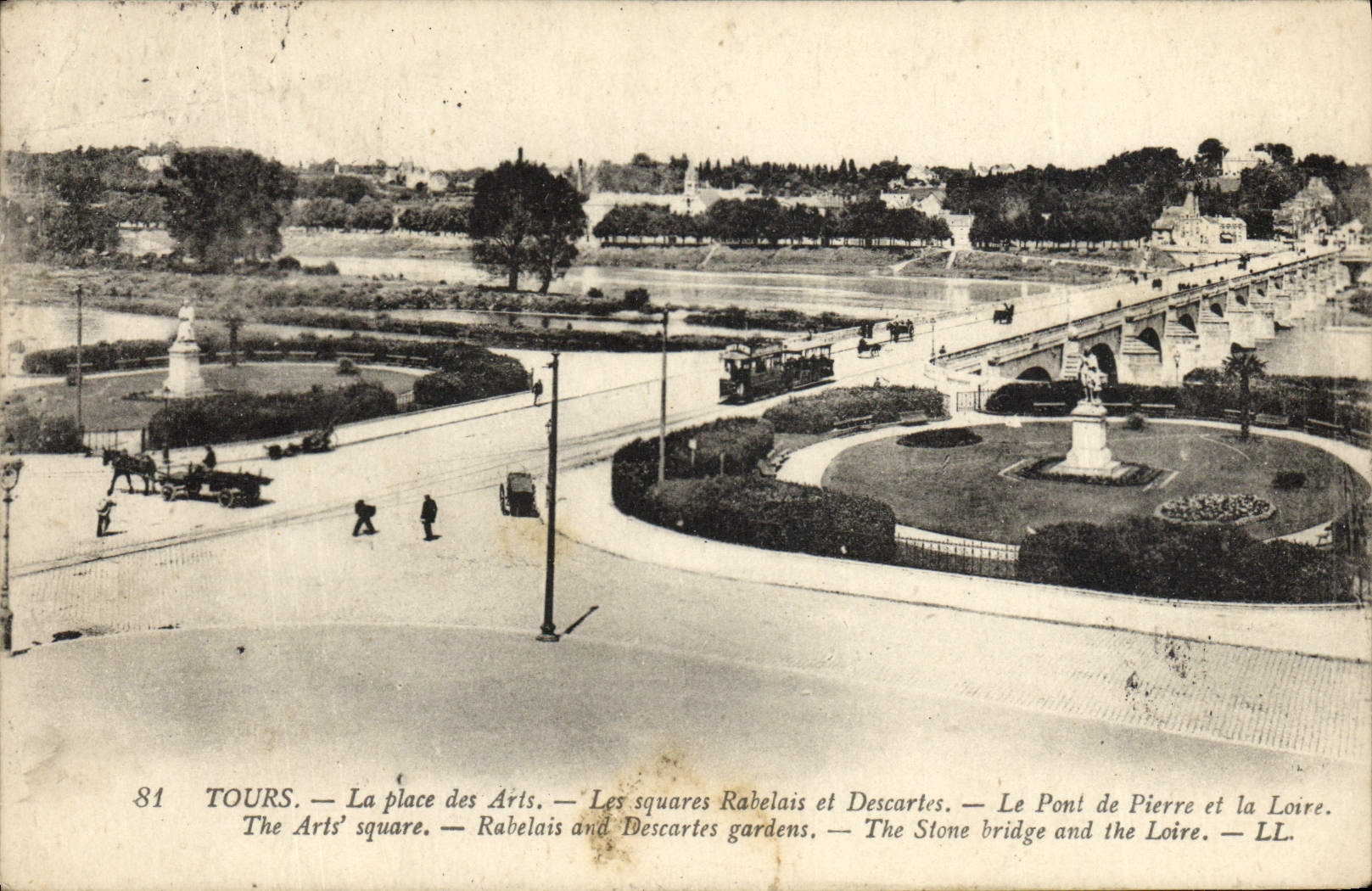 VINTAGE POSTCARD Tours the Place of Arts the Public gardens Rabelais and Descartes the stone bridge and the Loire
