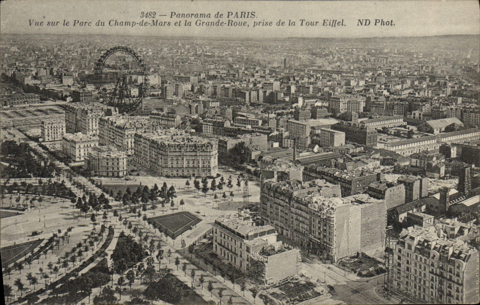 Panorama de París de la POSTAL de la VENDIMIA visto en el parque del Champ de Mars y de la rueda grande tomados de la torre Eiffel
