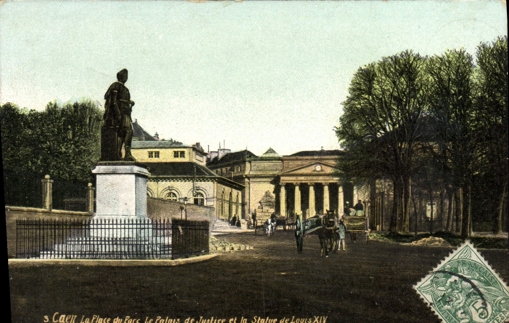VINTAGE POSTCARD Caen the Place of the Park Law courts and the Statue of Louis XIV