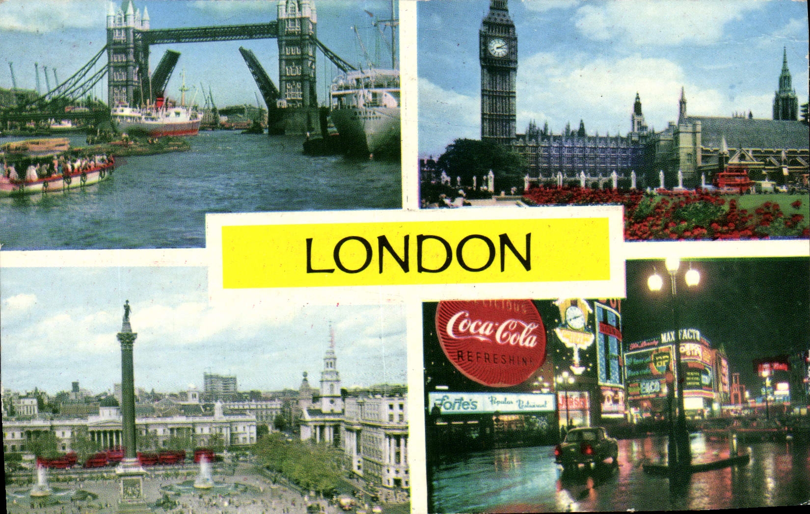 MODERN CARD London Tower bridge Nelson' S column & Trafalgar public garden Big Ben and Parliament House Coke Cola