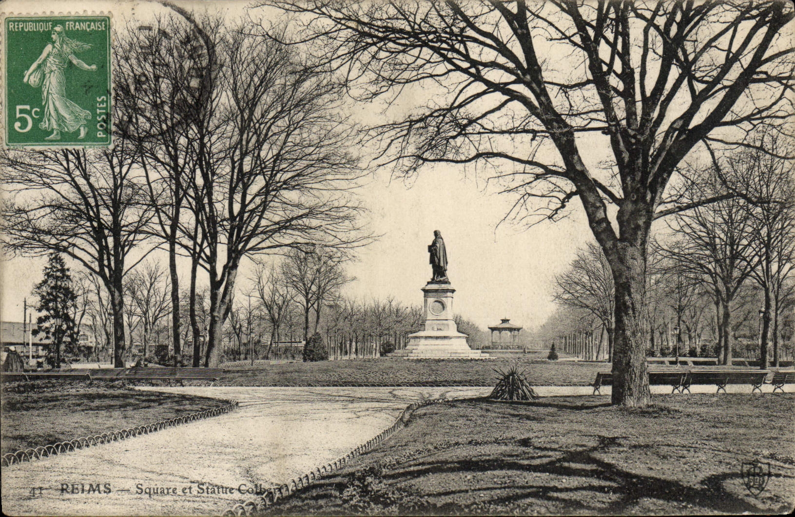VINTAGE POSTCARD Rheims Public garden And Colbert Statue