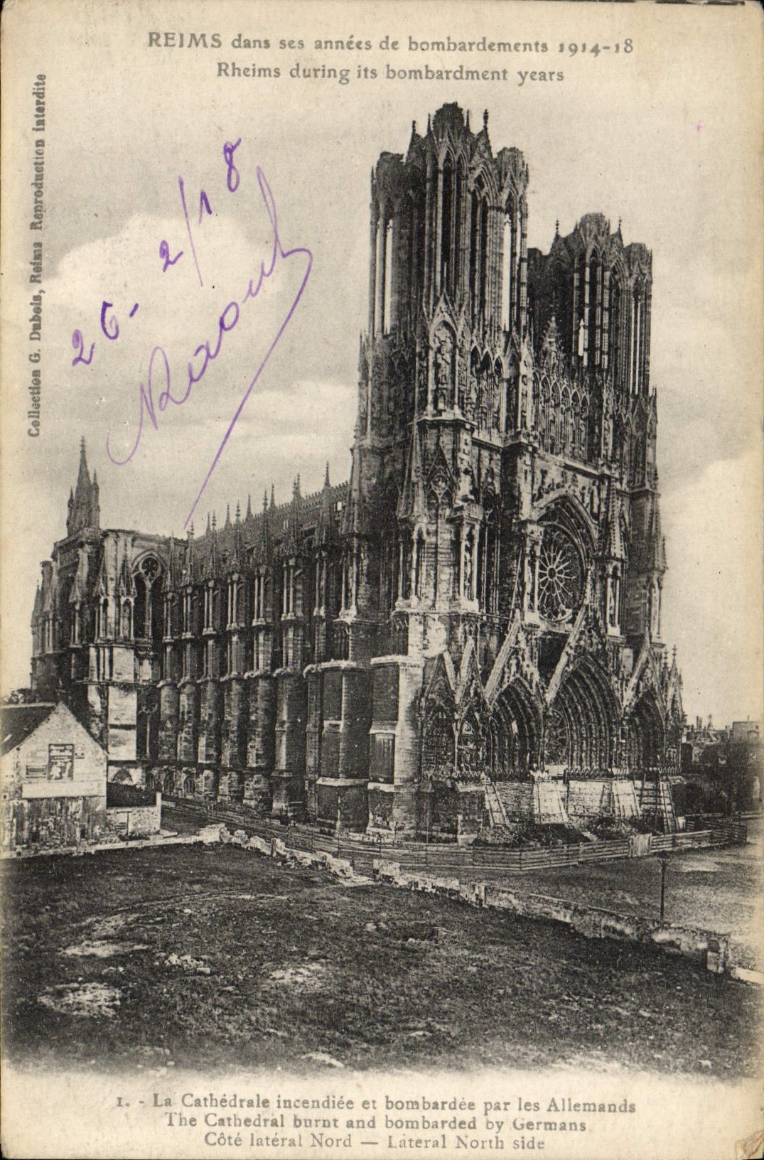 VINTAGE POSTCARD Rheims In Its Years Of Bombardments the burnt cathedral Militaria