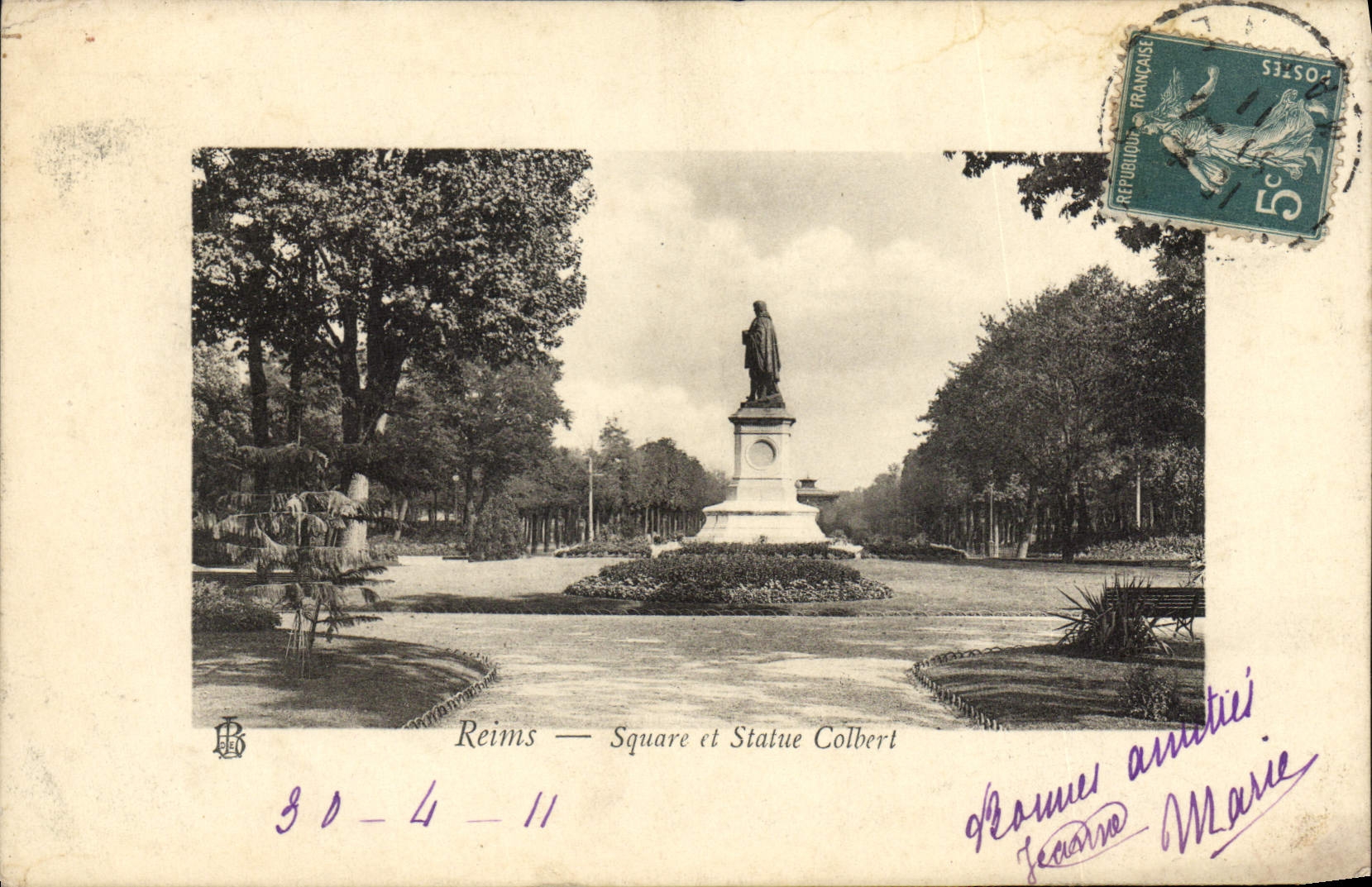 CPA Reims Square Et Statue Colbert