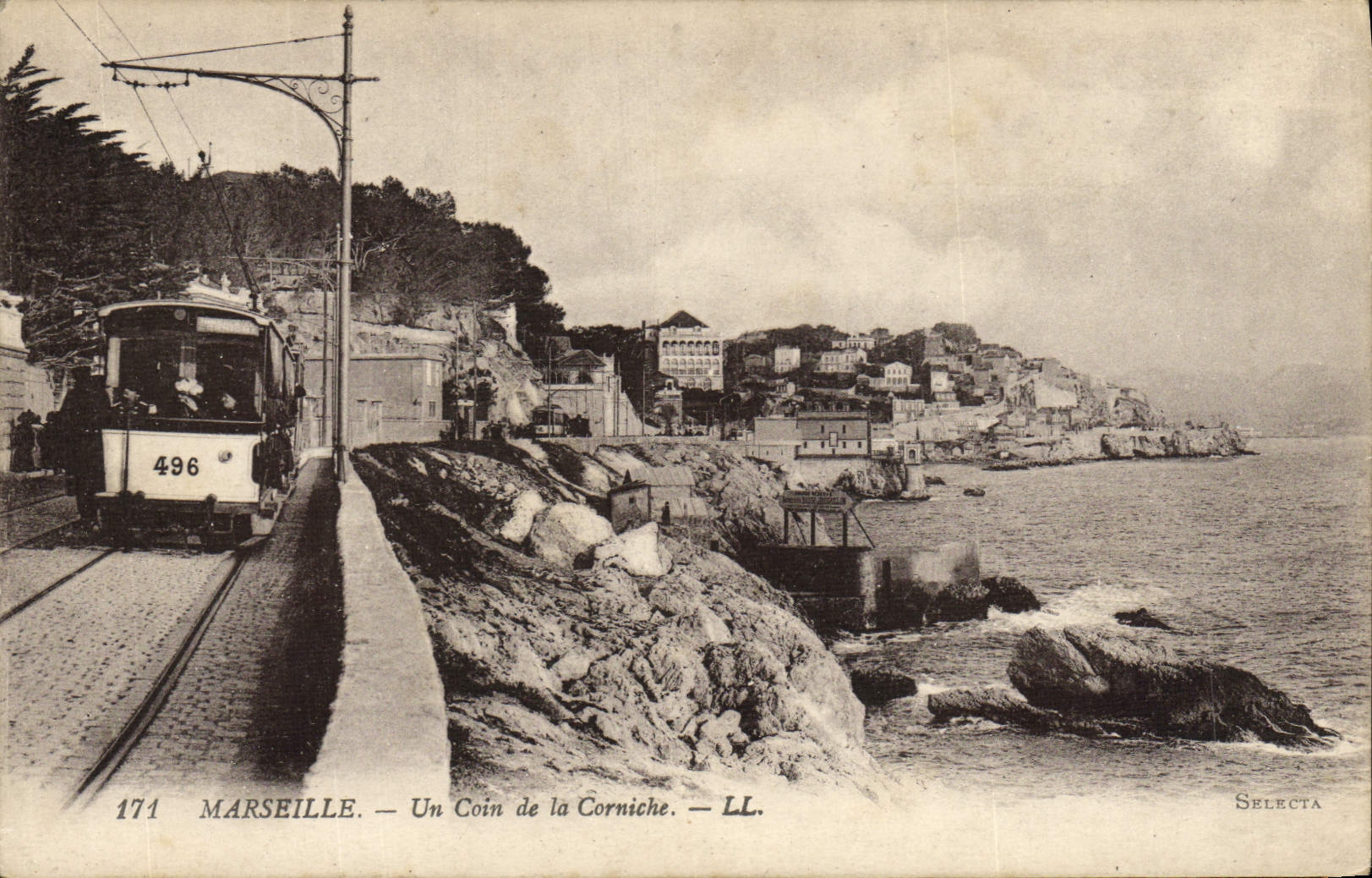 POSTAL Marsella de la VENDIMIA una esquina de la tranvía de la cornisa