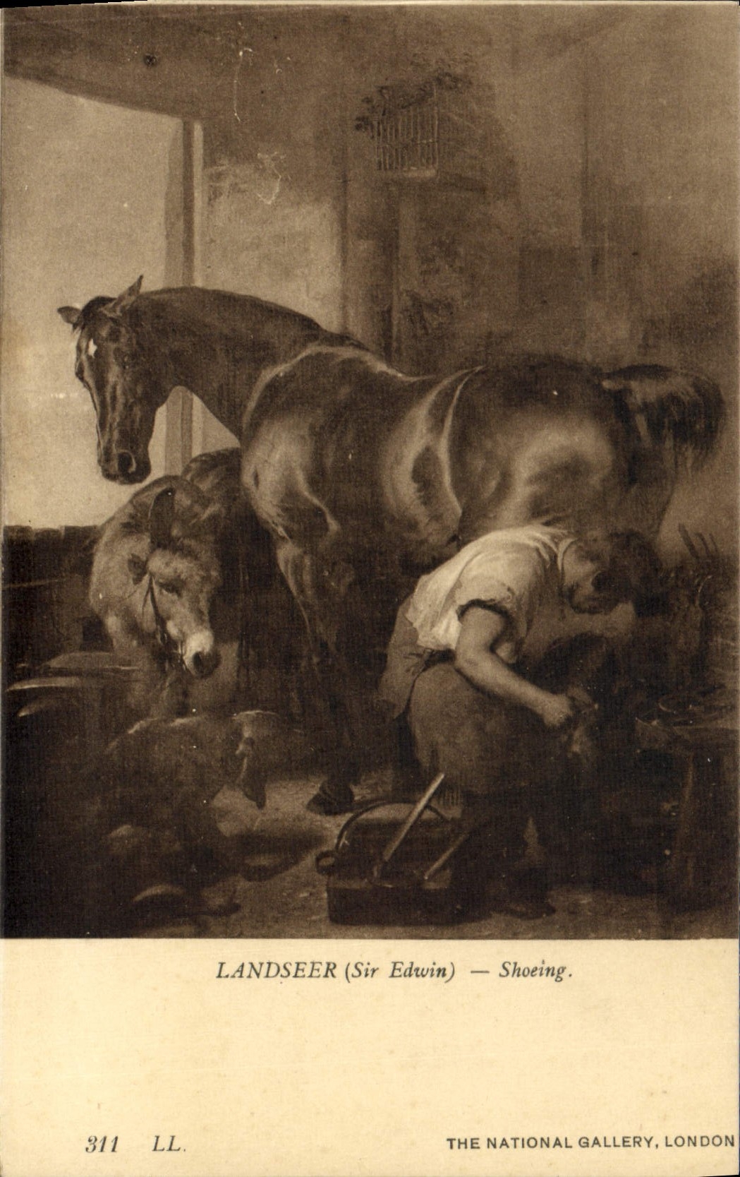 VINTAGE POSTCARD Landseer Shoeing The National Gallery London Horse Ass Mule