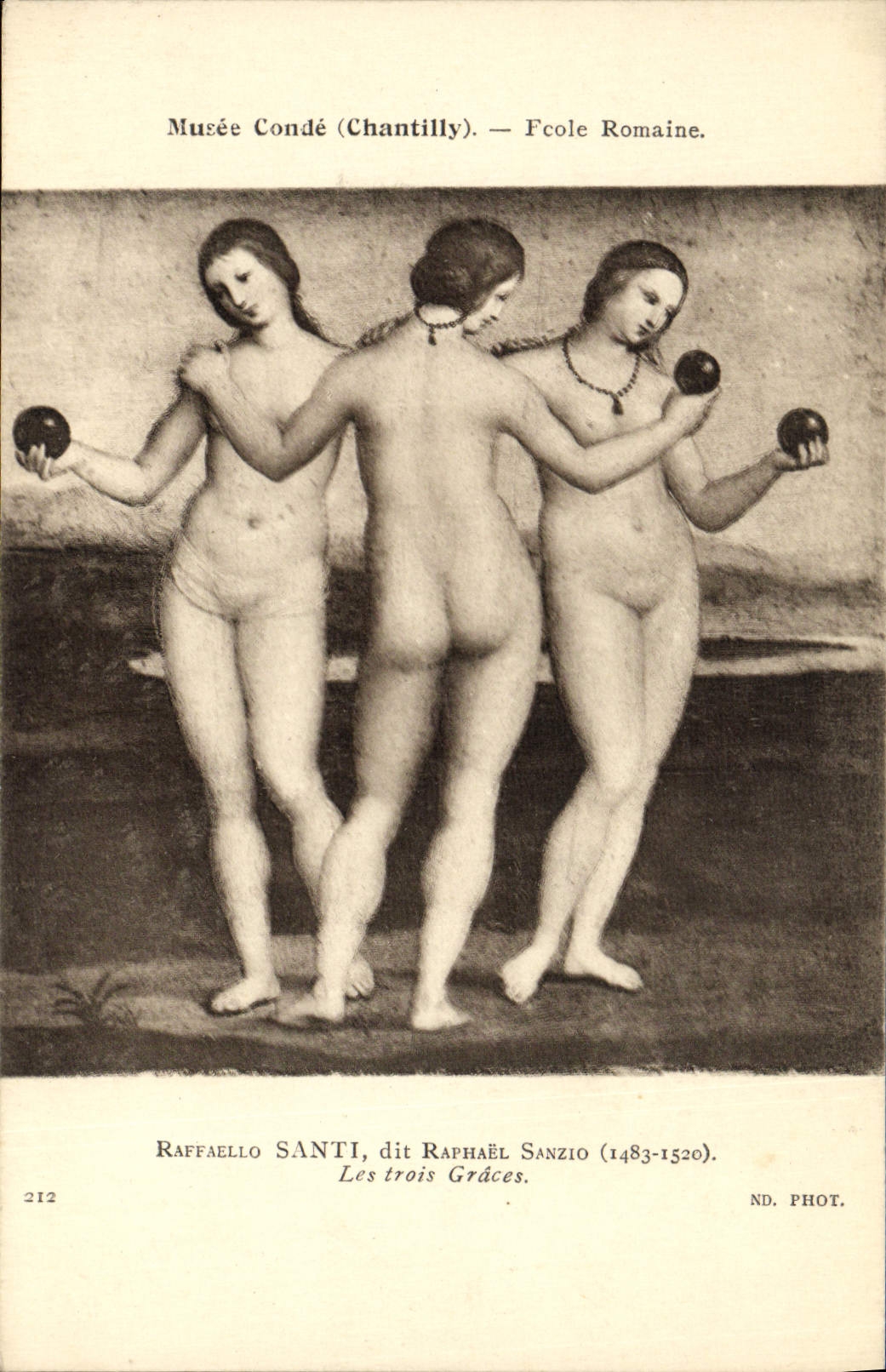 VINTAGE POSTCARD Museum Cop Chantilly Roman School Raffaello Santi Raphael Sanzio Three Graces