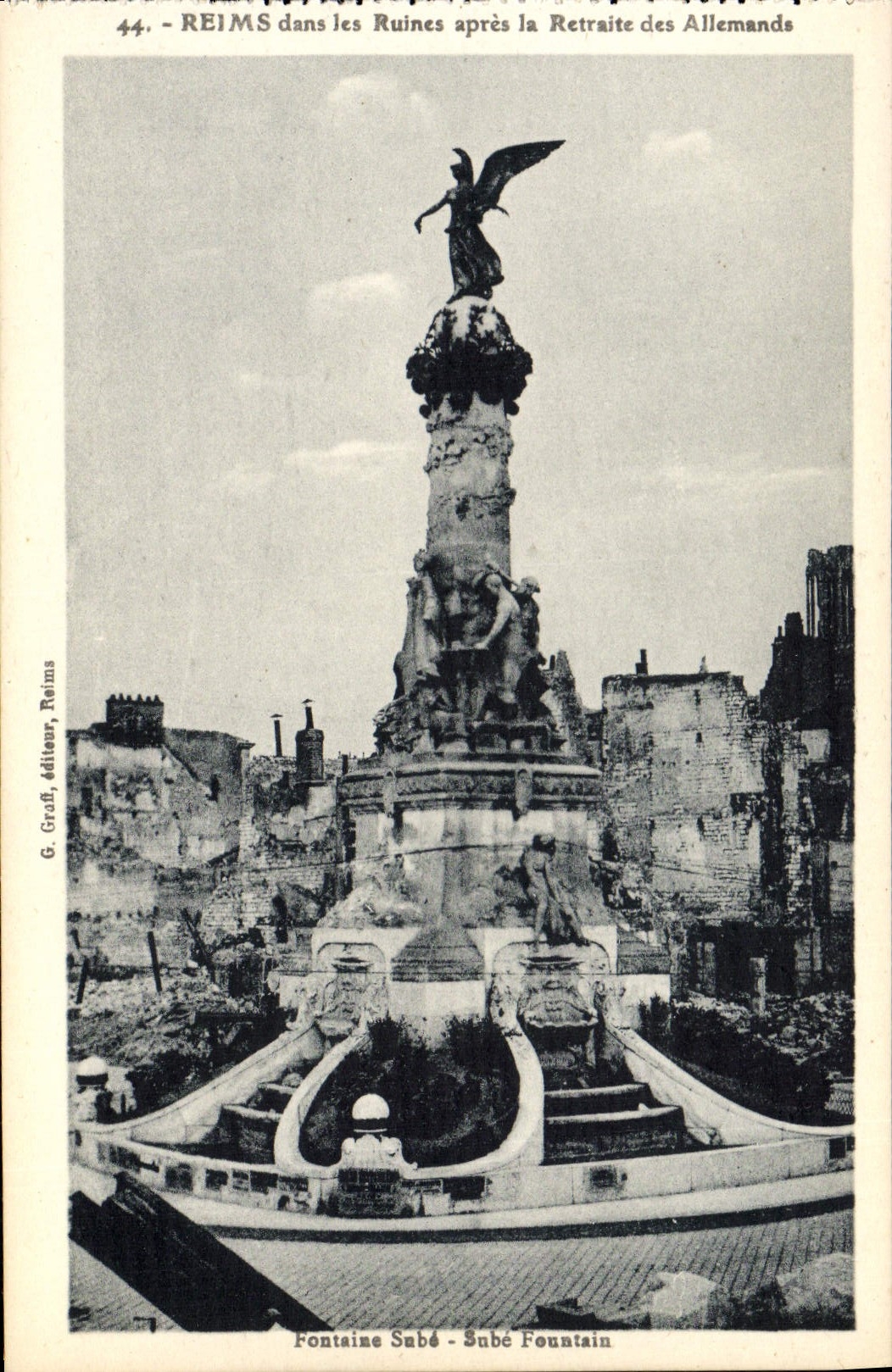 VINTAGE POSTCARD Rheims In the Ruins After the Retirement Of the Germans Fountain Sube Militaria
