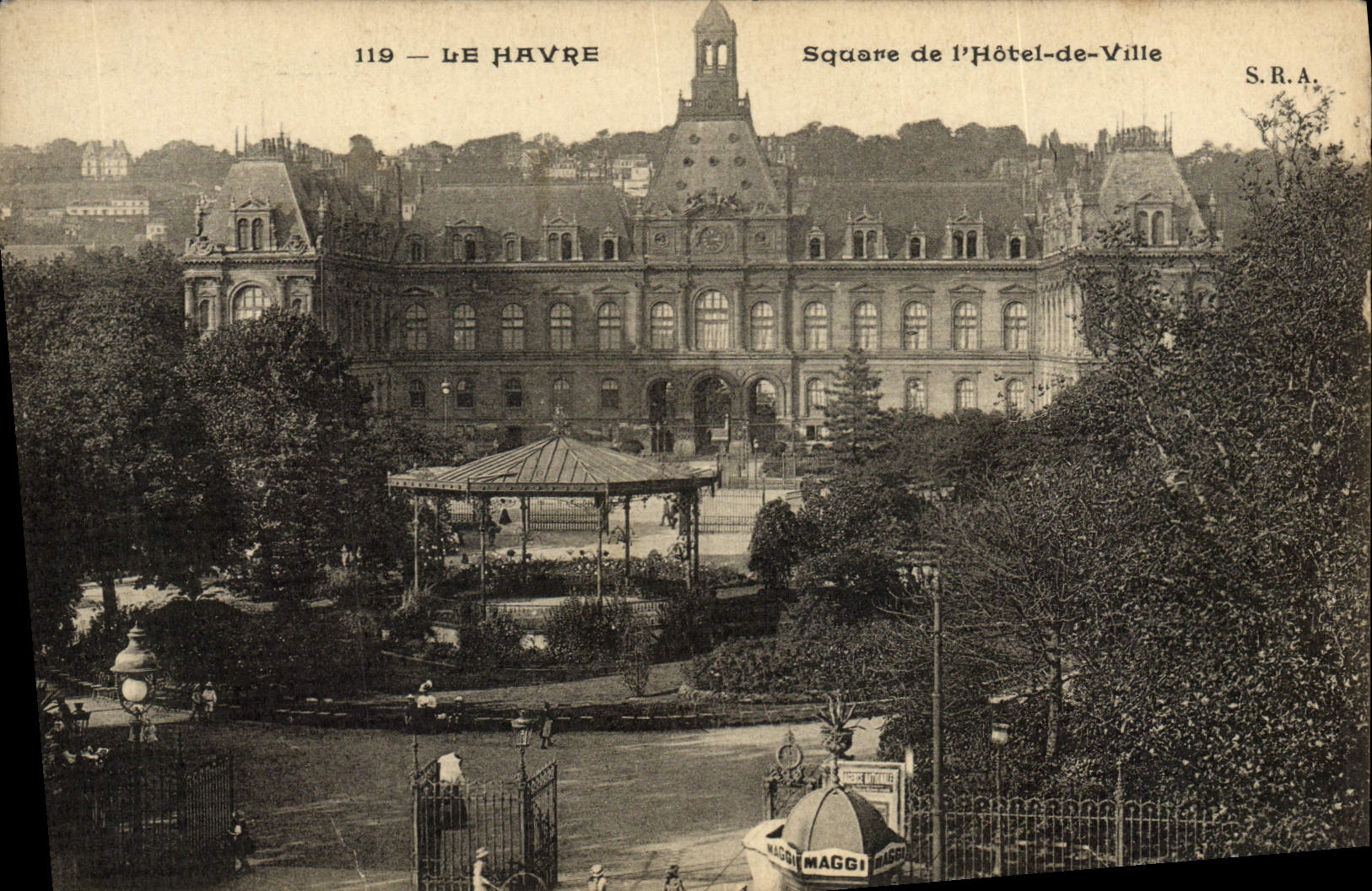 Jardín público de Le Havre de la POSTAL de la VENDIMIA de la publicidad de Maggi del ayuntamiento