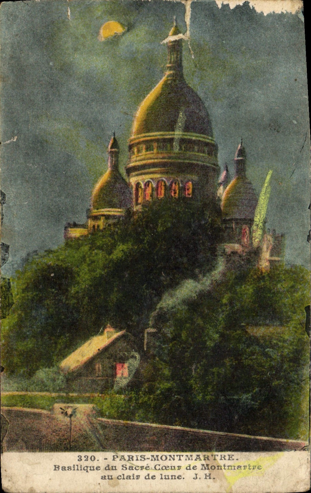 VINTAGE POSTCARD Paris Montmartre Basilica Of the Sacring Heart De Montmartre with the moonlight