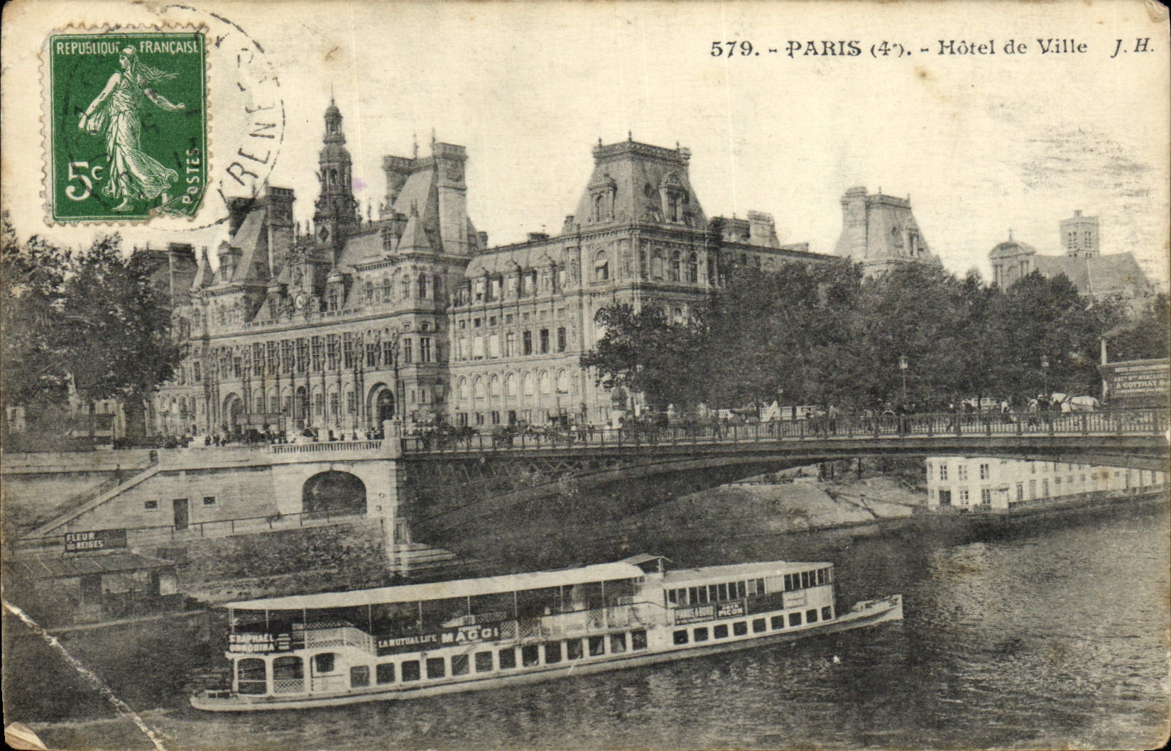 VINTAGE POSTCARD Paris Town hall Boat Barge