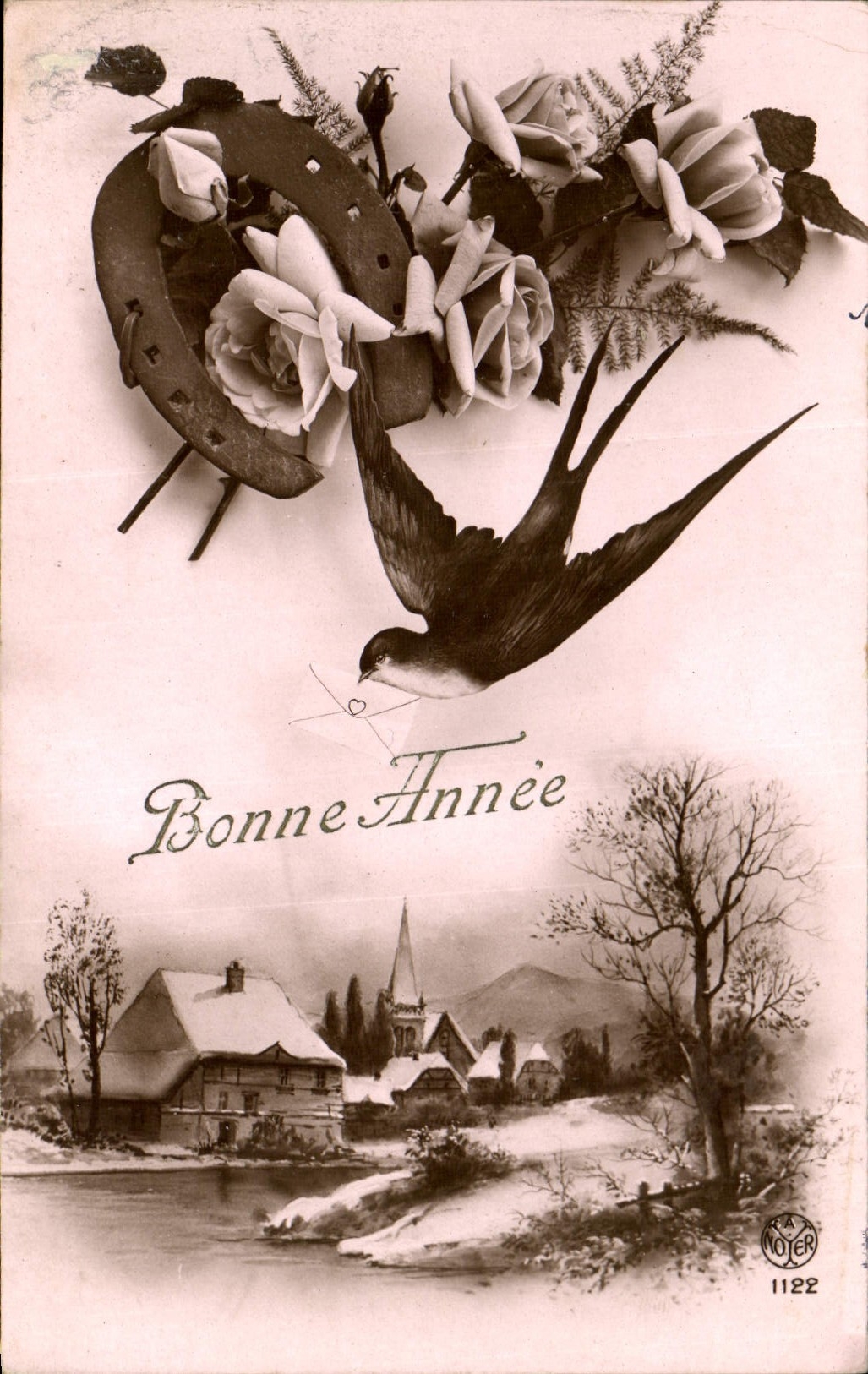 CPA Bonne Annee Fleurs Hirondelle